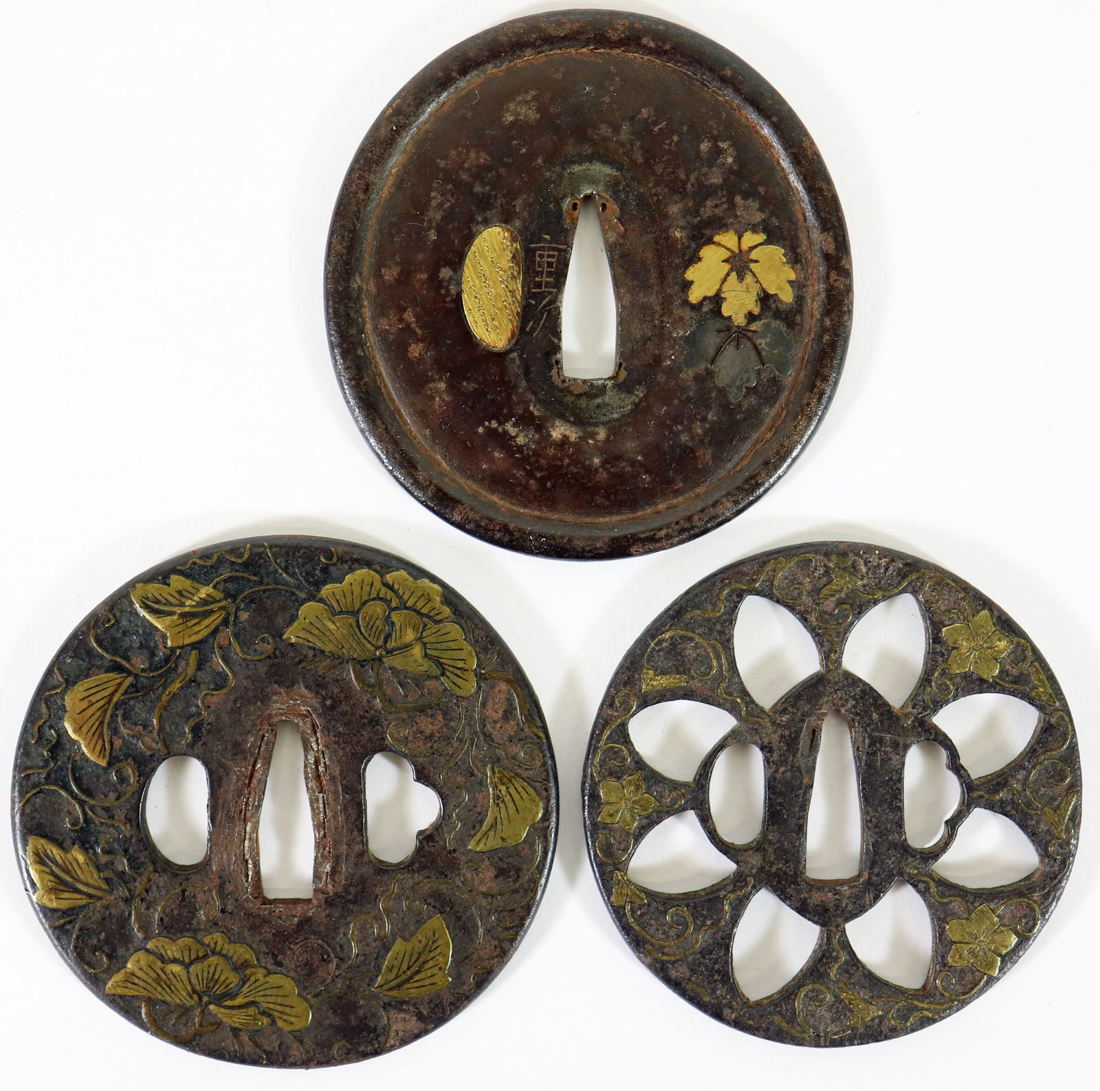 (3) JAPANESE FLORAL TSUBA SAMURAI SWORD GUARDS (1 of 3)