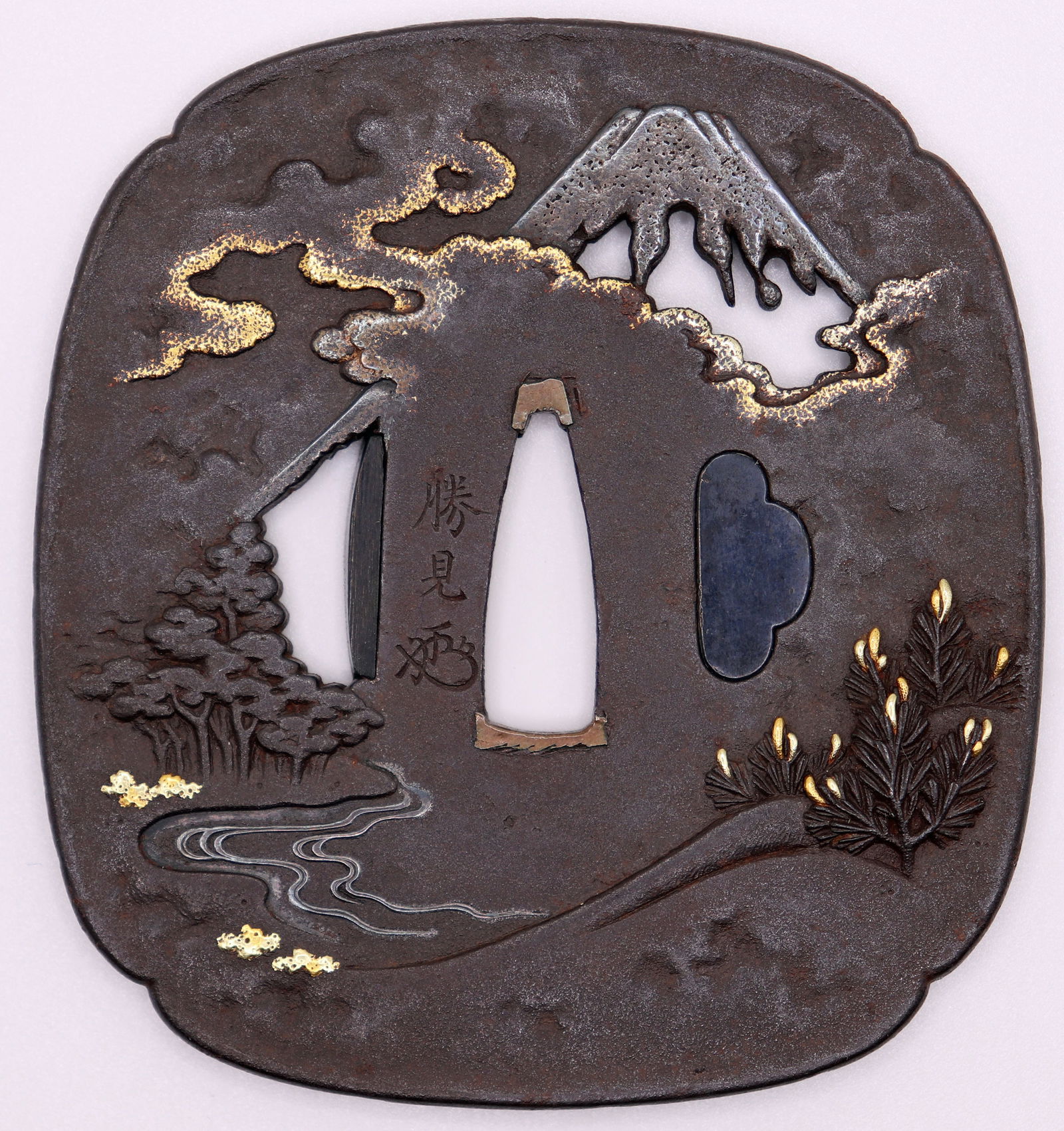 JAPANESE MIXED METAL TSUBA WITH MOUNTAIN (1 of 2)