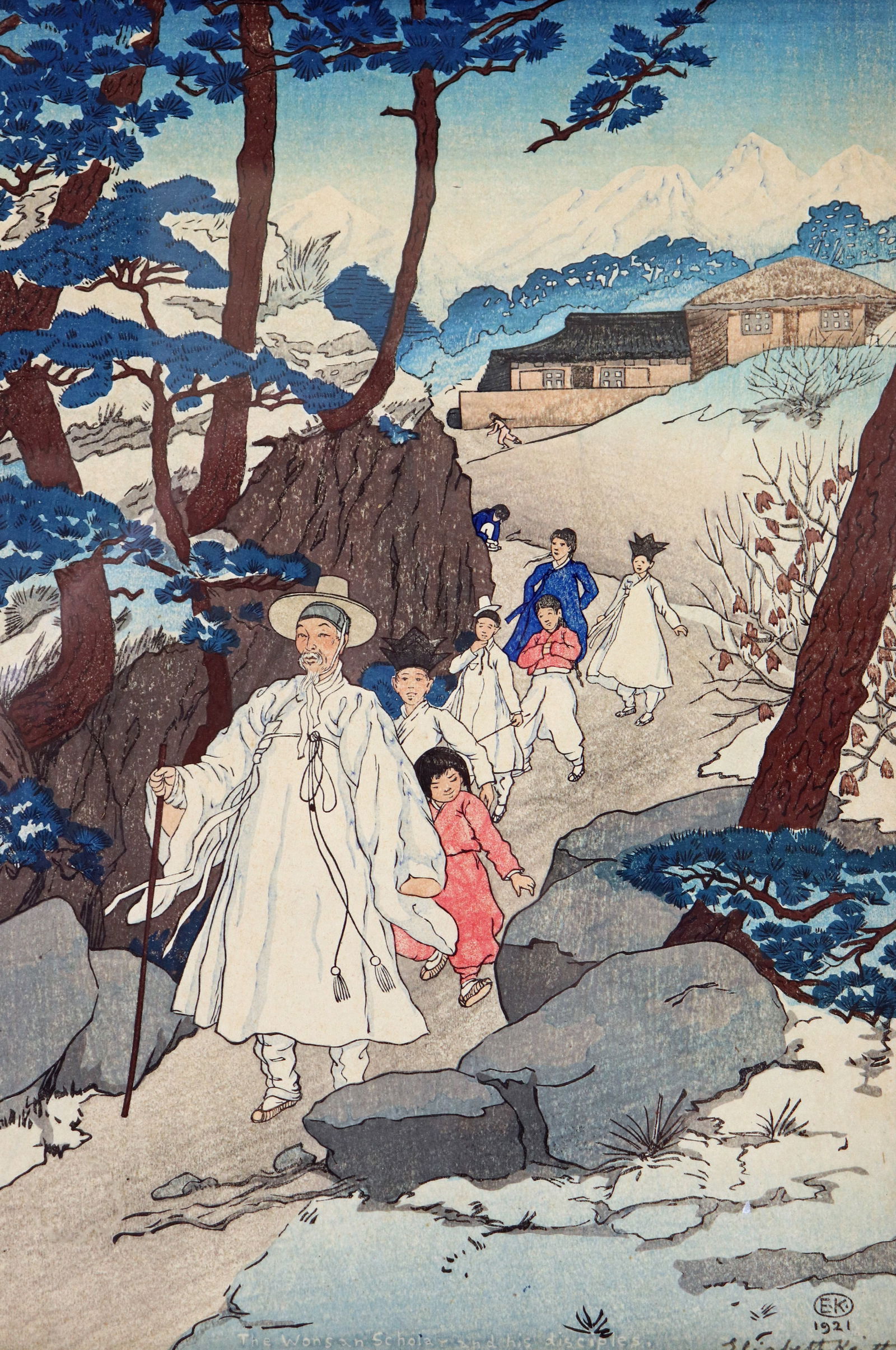 ELIZABETH KEITH THE WONSON SCHOLAR & HIS DISCIPLES: Elizabeth Keith (English, 1887-1956) Framed woodblock print titled lower middle "The Wonsan Scholar and His Disciples". The image depicts an elderly Korean scholar from the coastal city of Wonsan. He