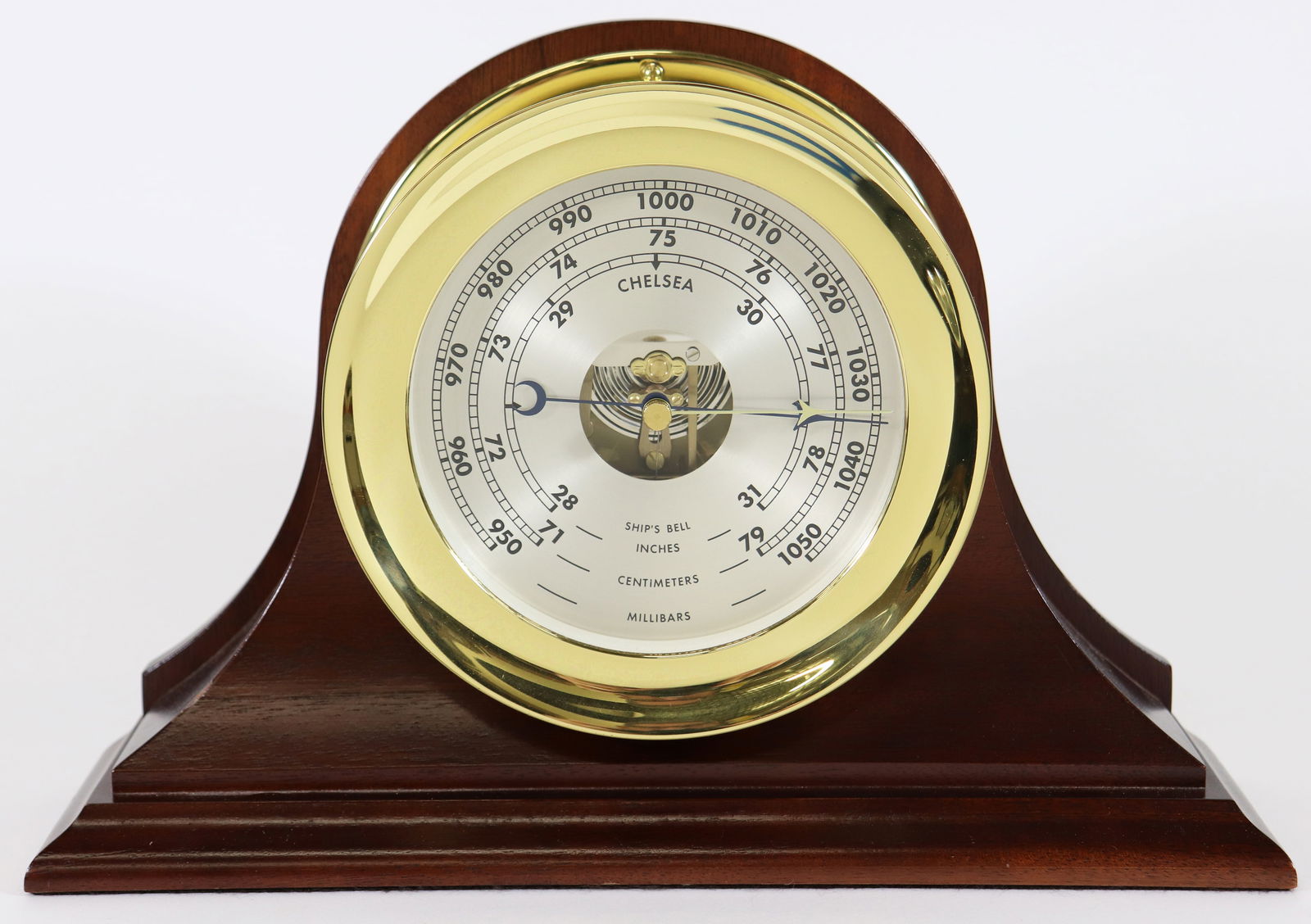 CHELSEA SHIP'S BELL BAROMETER ON STAND: Chelsea Ship's Bell Barometer on wood stand. Measures 14" x 4" wide 9.5" tall.