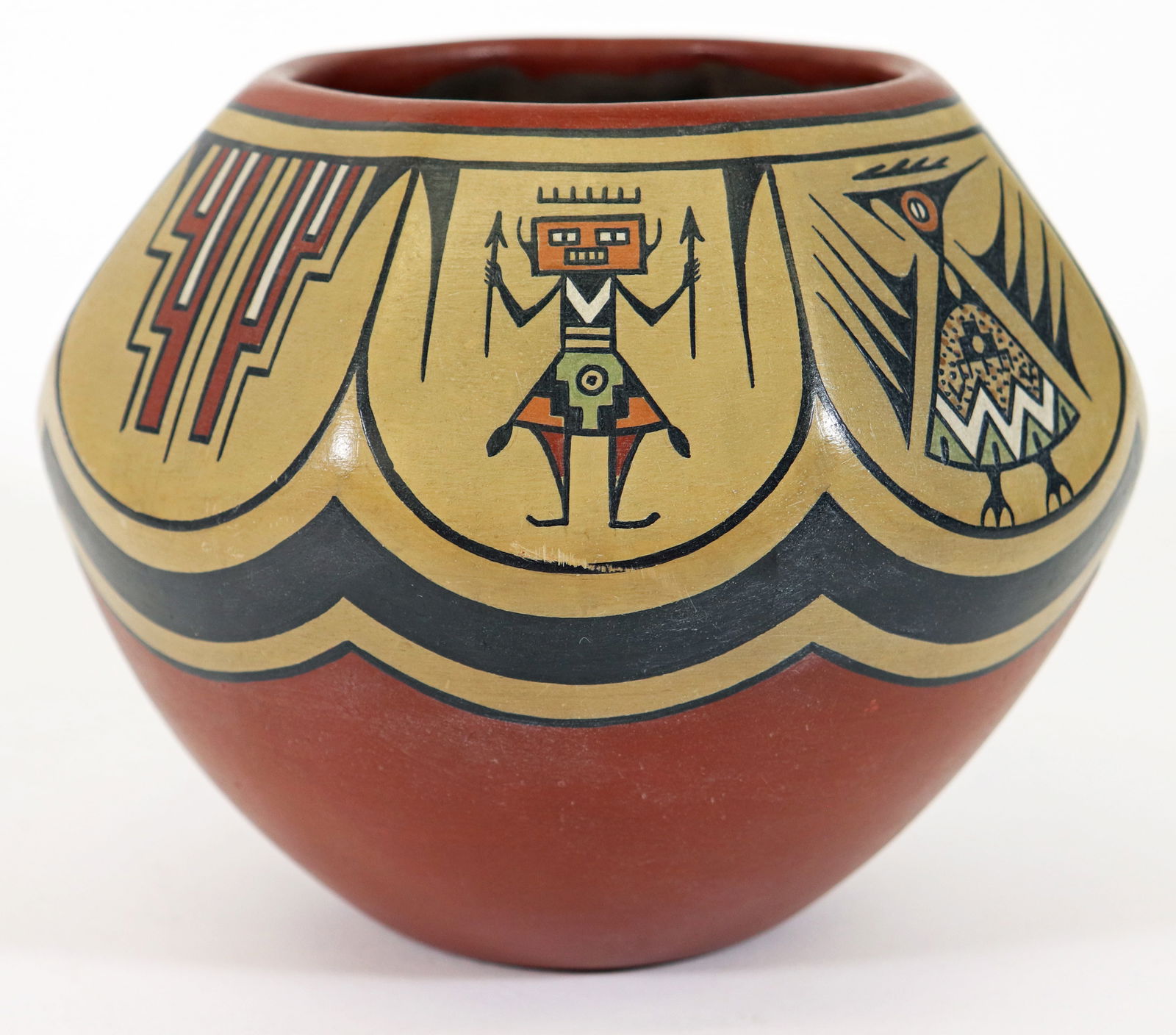 MARGARET & LUTHER SANTA CLARA POLYCHROME BOWL: Margaret Gutierrez (1936-2018) and Luther Gutierrez (1911-1987) Santa Clara Polychrome Bowl beveled octagon shaped bowl of eight panels each with painted figures. Terra cotta red, black and tan,