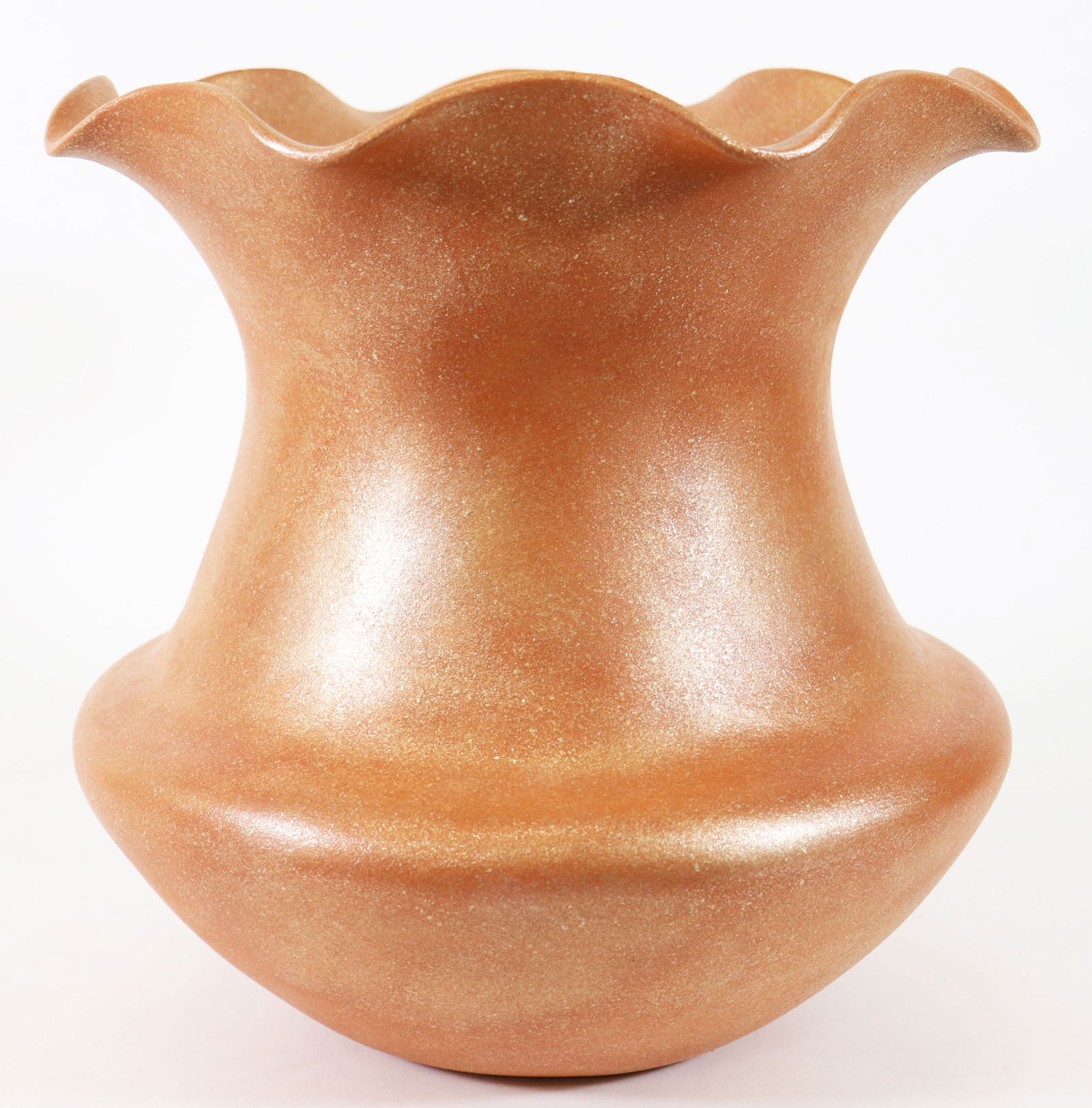 ANGIE YAZZIE TALL MICACEOUS VASE: Angie Yazzie (b. 1965) Taos Pueblo pottery tall micaceous vase. Signed on bottom. Measures 12" wide 12" tall.