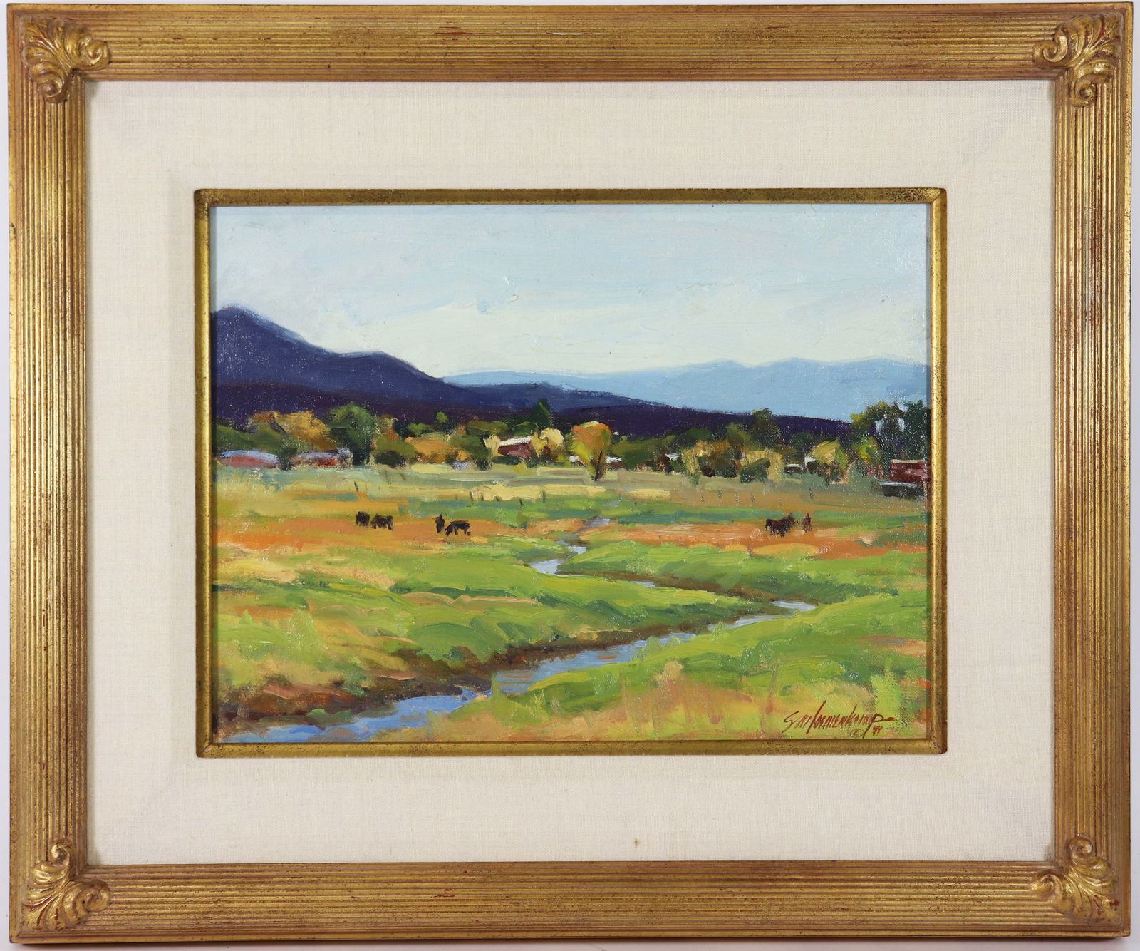 TAOS NEW MEXICO LANDSCAPE PAINTING: Oil on board painting of a Taos New Mexico landscape. Signed illegibly lower right and also on verso. Measures 16" x 12" and 24.5" x 20.5" with frame.