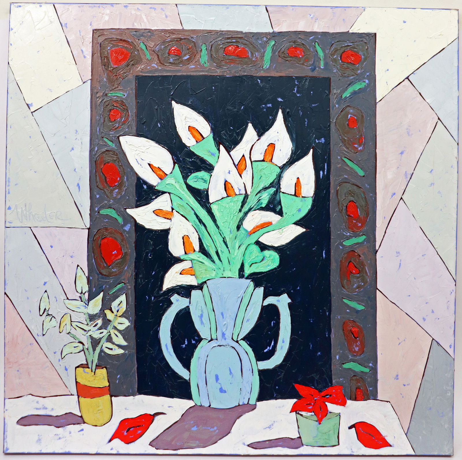 THOM WHEELER "REFLECTIONS" ACRYLIC ON CANVAS: Thom Wheeler (American b. 1946) titled "Reflections" colorful floral bouquet painting. Signed front left side, and on verso. Measures 40" x 40" x 1 1/2", unframed.