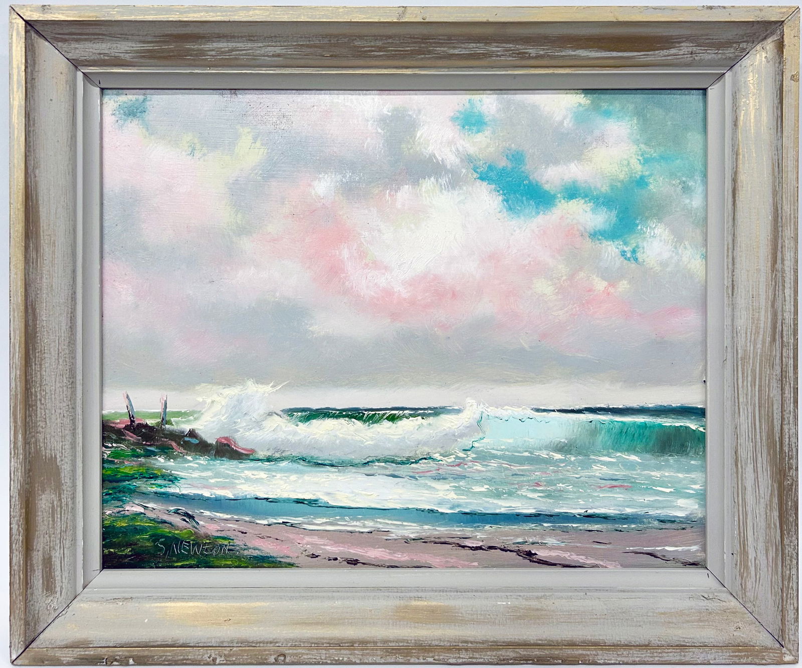 SAM NEWTON FLORIDA OCEAN HIGHWAYMEN PAINTING: Sam Newton (b. 1948) Highwaymen painting of a colorful Florida beach landscape with pink cloudy sky. Signed lower left. Measures 20" x 16" on masonite board and 24" x 20" with frame.