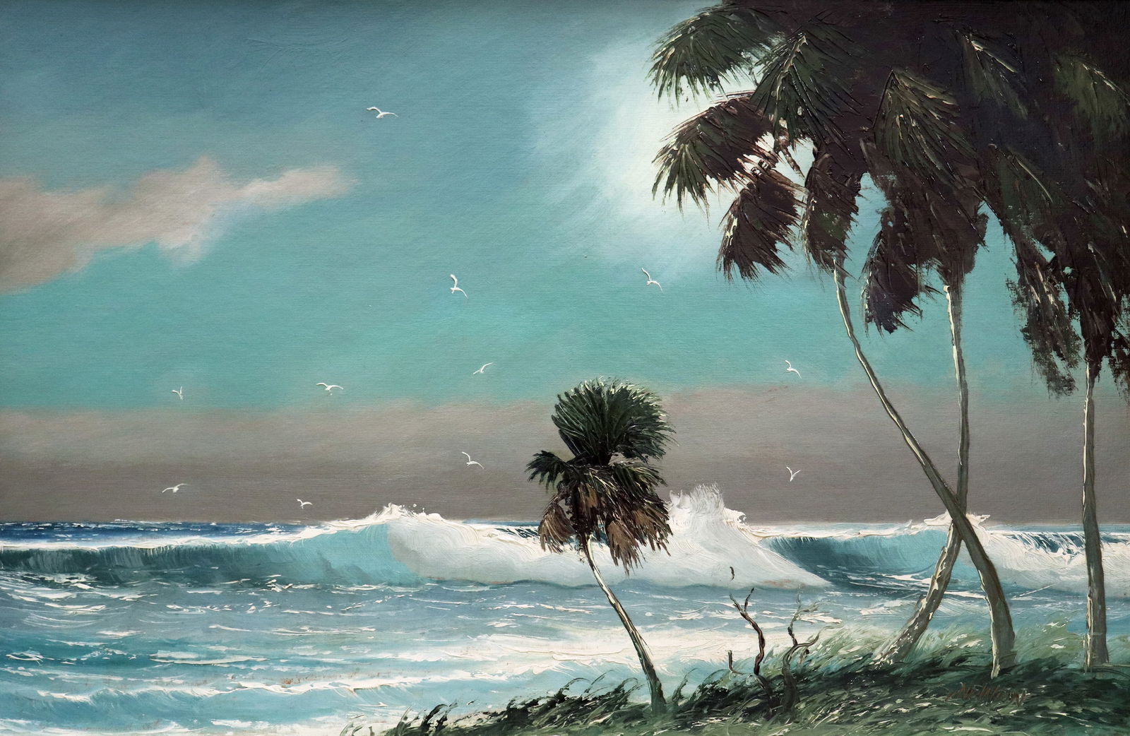 SAM NEWTON BIRDS & PALMS HIGHWAYMEN PAINTING: Sam Newton (b. 1948) Vintage Highwaymen painting of a Florida night beach landscape with large palm trees, crashing ocean waves, cloudy moonlit sky, and group of birds. Signed lower right. Measures 36