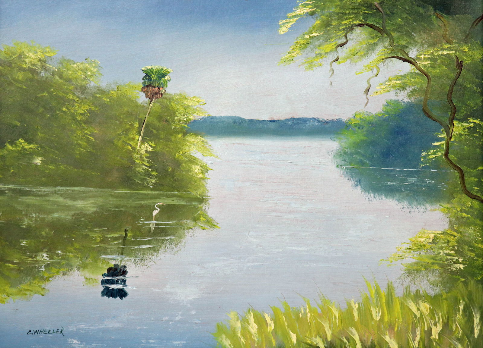 CHICO WHEELER PEACEFUL INLET HIGHWAYMEN PAINTING: Charles "Chico" Wheeler (1946-2019) Vintage Highwaymen painting of an untouched backwoods Florida river inlet scene with blue sky, green vegetation, palm tree, and wading bird. Signed lower left. Meas