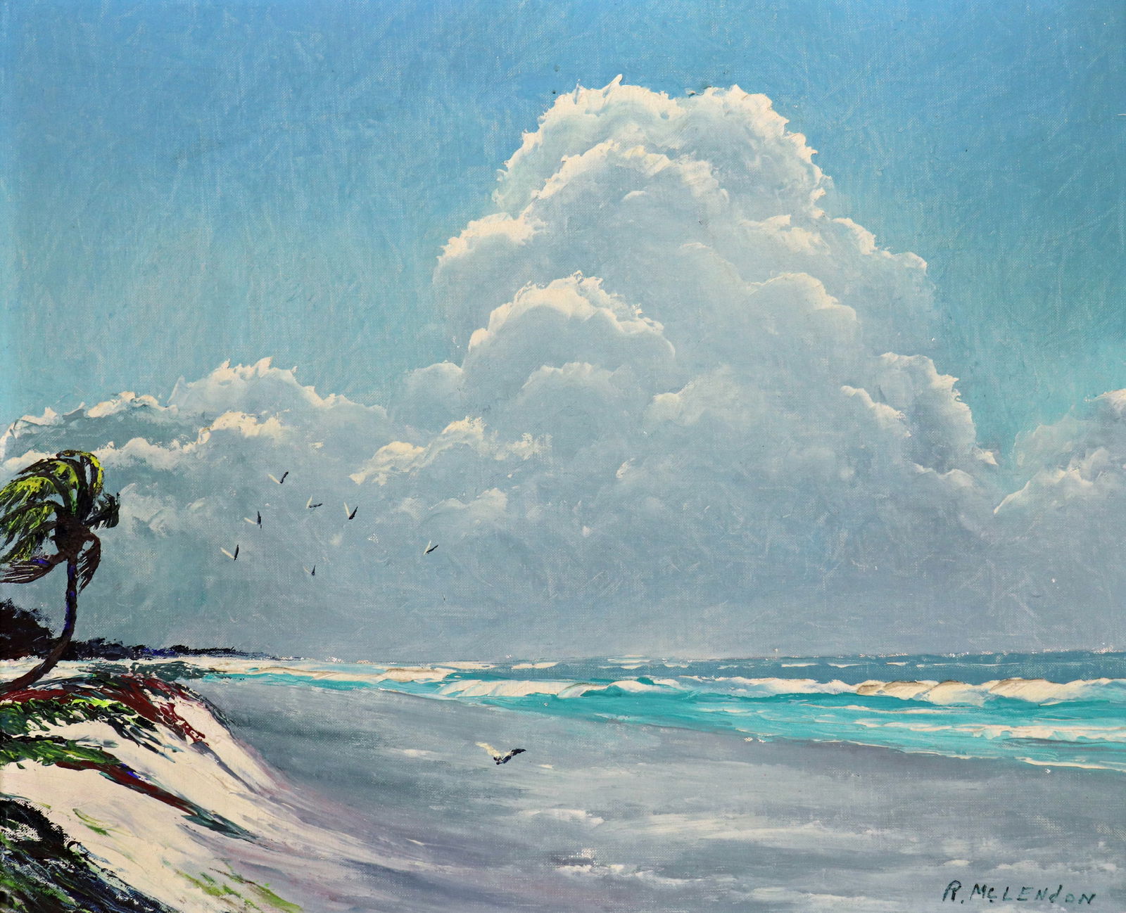 ROY MCLENDON CANVAS BOARD RIO MAR HIGHWAYMEN: Roy Mclendon (1932-2024) Early 1950's palette knife Highwaymen painting of a Rio Mar beach scene. This vintage painting depicts a sunny Florida beach day with cloudy blue sky, ocean waves, birds, and