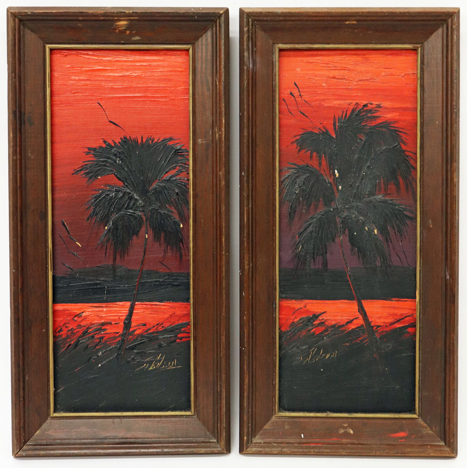 (2) JAMES GIBSON RED PALMS HIGHWAYMEN PAINTINGS: James Gibson (1938-2017) Pair of vintage Florida palm tree Highwaymen paintings. Each painting depicts a palm tree silhouette with birds and red sunset. Some age related wear. Each signed lower middle