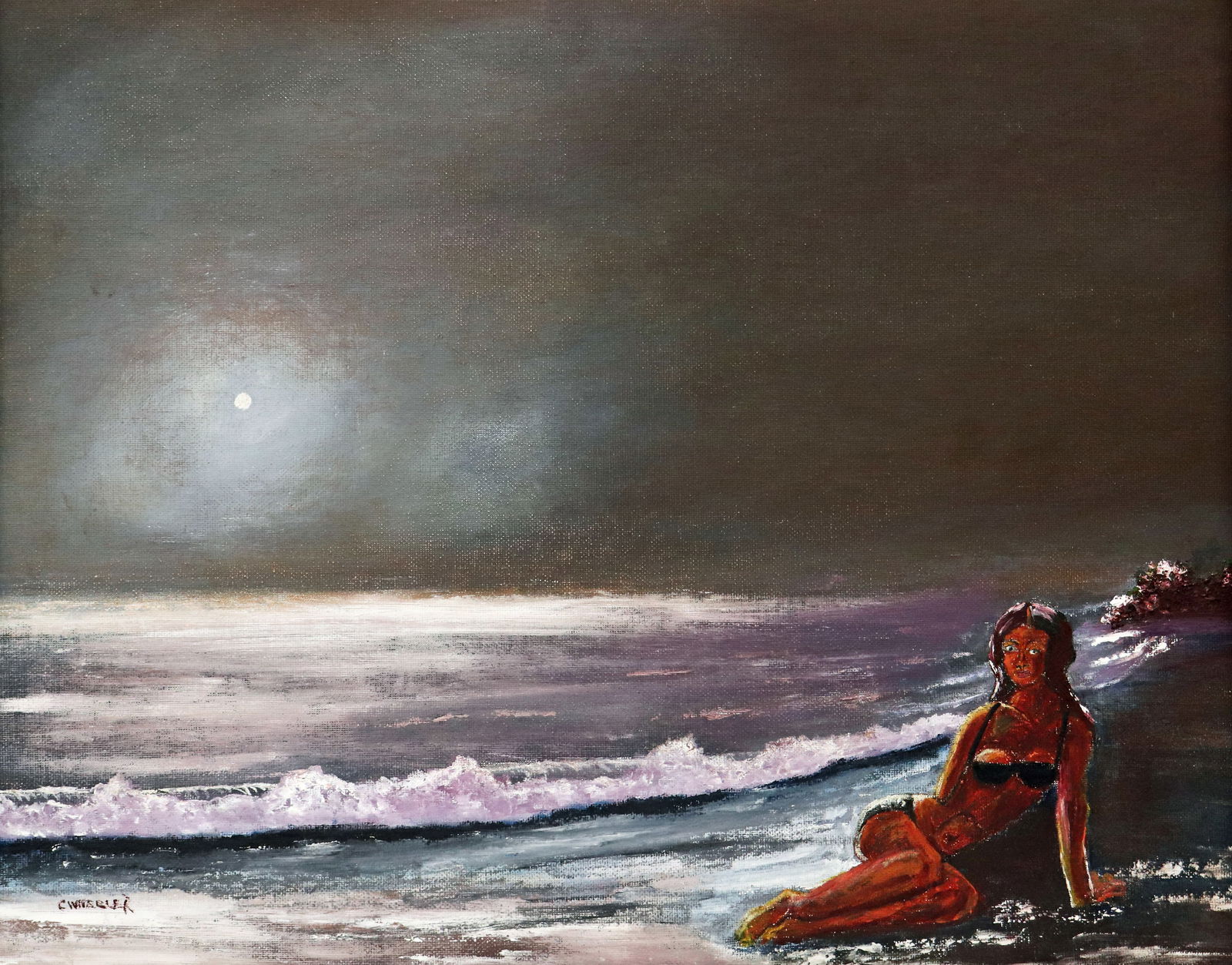 CHICO WHEELER WOMAN ON BEACH HIGHWAYMEN PAINTING: Charles "Chico" Wheeler (1946-2019) Highwaymen painting of a Florida night beach landscape with moonlit sky, waves crashing along the shore, and woman. Signed lower left. Measures 20" x 16" on artist
