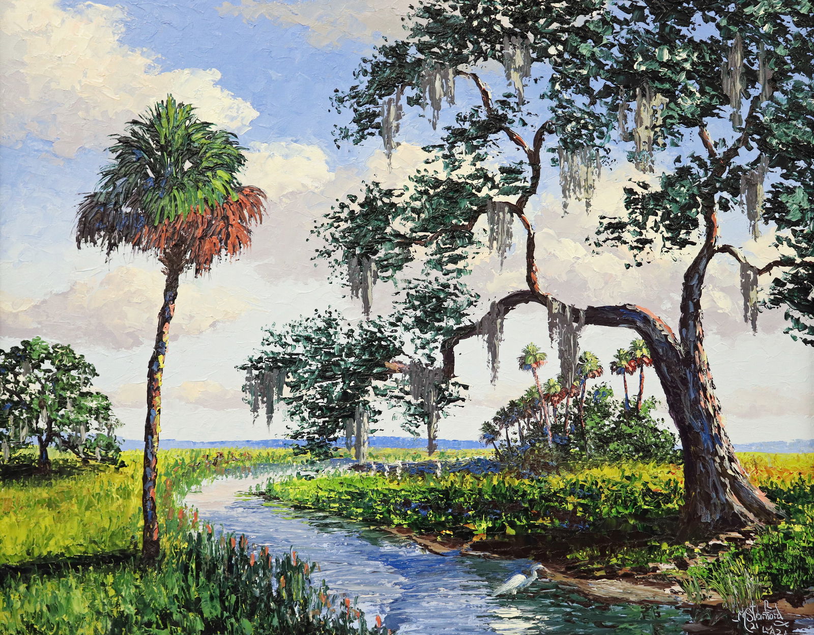 MARK STANFORD FLORIDA "OLD OAK" PALETTE PAINTING: Mark Stanford full palette knife oil painting titled "Old Oak". This stunning, detailed painting depicts a backwoods Florida landscape with cloudy blue sky, large oak tree, palms trees, vegetation, an