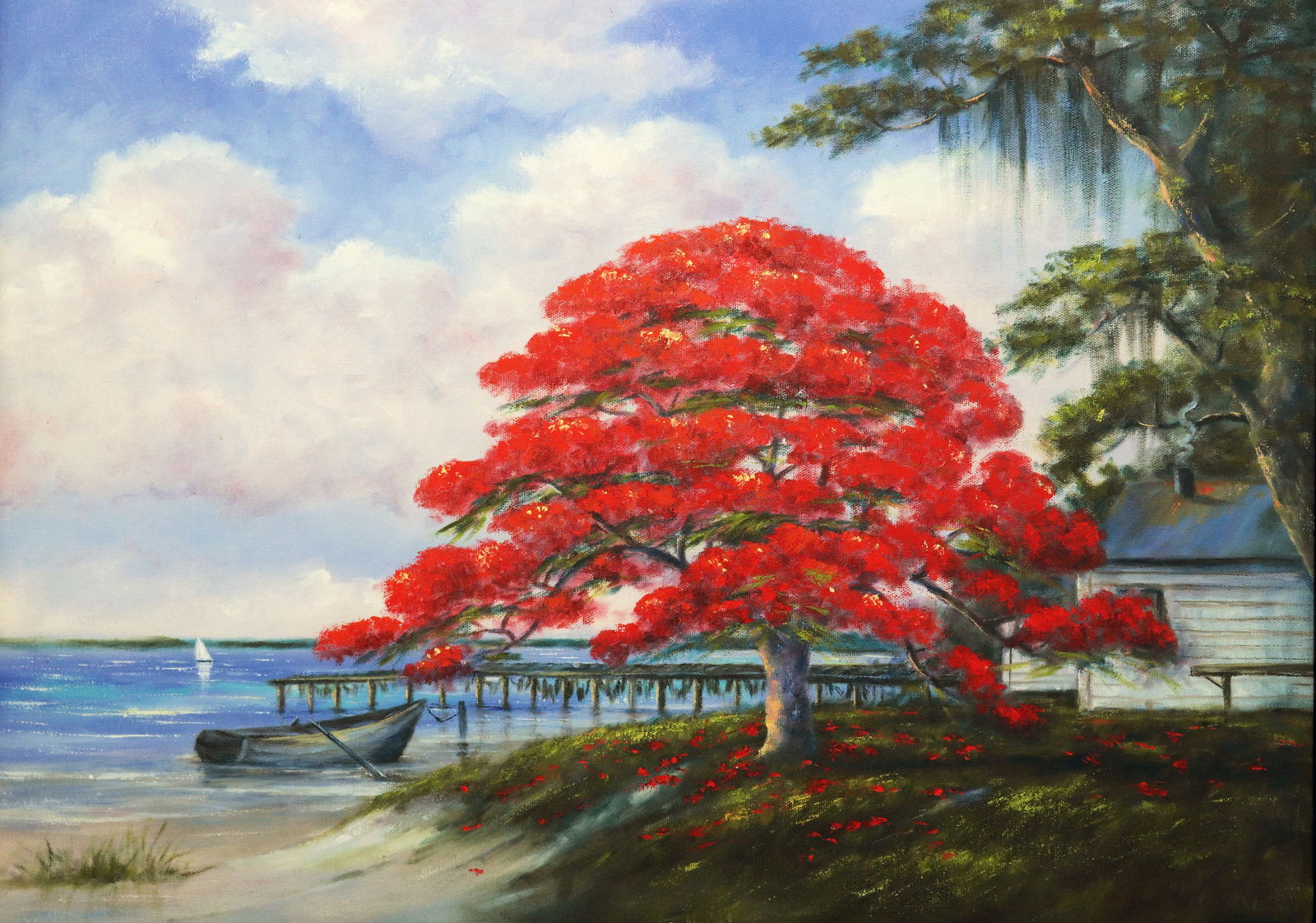 ROY MCLENDON POINCIANA LONG DOCK HIGHWAYMEN GICLEE: Roy Mclendon (1932-2024) Large Highwaymen giclee print on canvas "Poinciana Long Dock", depicts a Florida landscape with large vibrant red poinciana tree along the river with house, vegetation, and bo