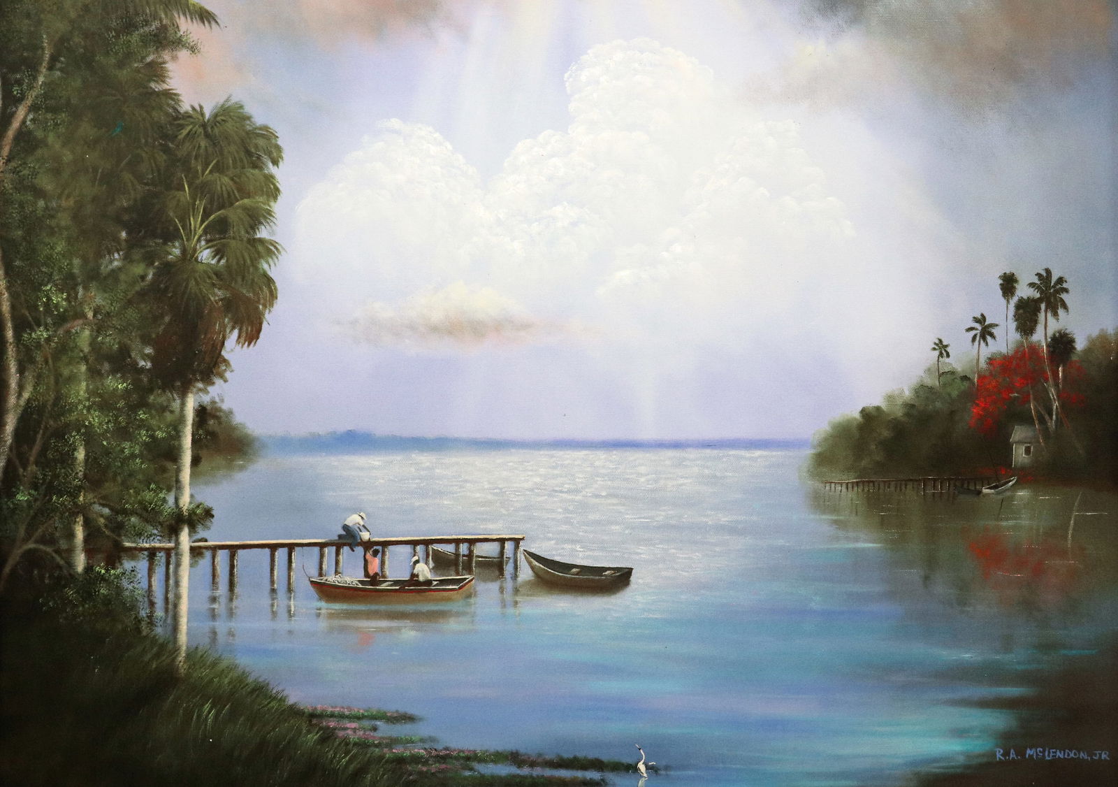 ROY MCLENDON JR. AT THE DOCK FLORIDA GICLEE: Roy Mclendon Jr. large giclee print on canvas "At the Dock", depicts a Florida landscape with figures from a dock loading a boat, tall palm trees, vegetation, cloudy sky, and house in the background w
