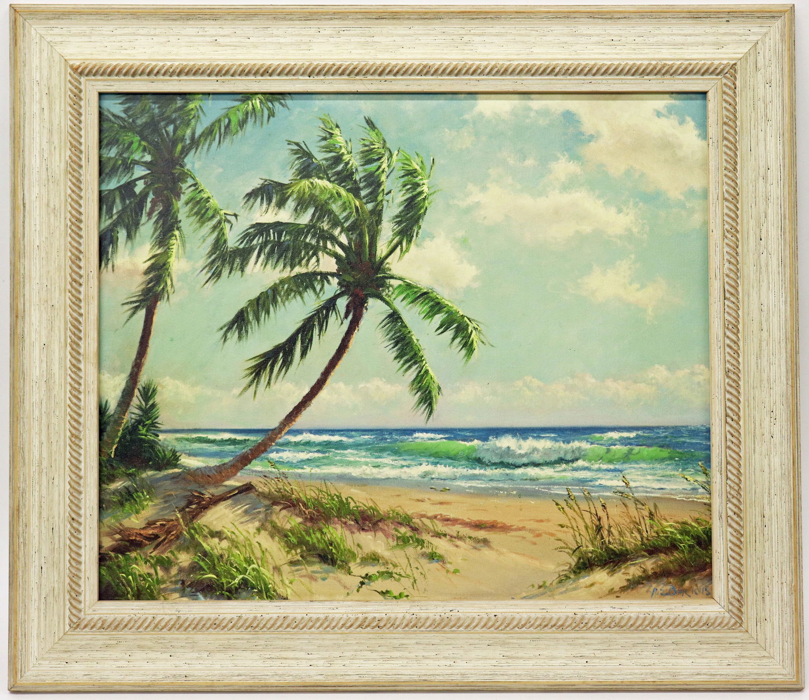 A.E. BACKUS "NORTH BEACH" FLORIDA GICLEE: Albert "Beanie" Backus (1906-1990) Giclee print on canvas titled "North Beach" depicting a Florida beach landscape with large palm trees. Measures 24" x 20" and 30.5" x 26.5" professionally framed.