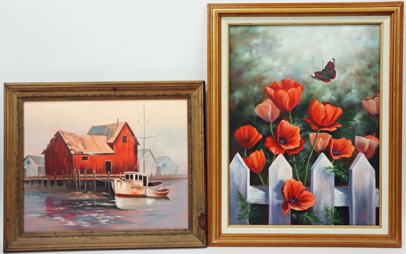 (2) JOAN ARNOLD HARBOR & FLOWERS PAINTINGS: Joan Arnold (American, 20th Century) Two oil on canvas paintings of a harbor scene with boats and a fence with red flowers and butterflies. Each signed lower right. Measurements 20" x 16" and 24" x