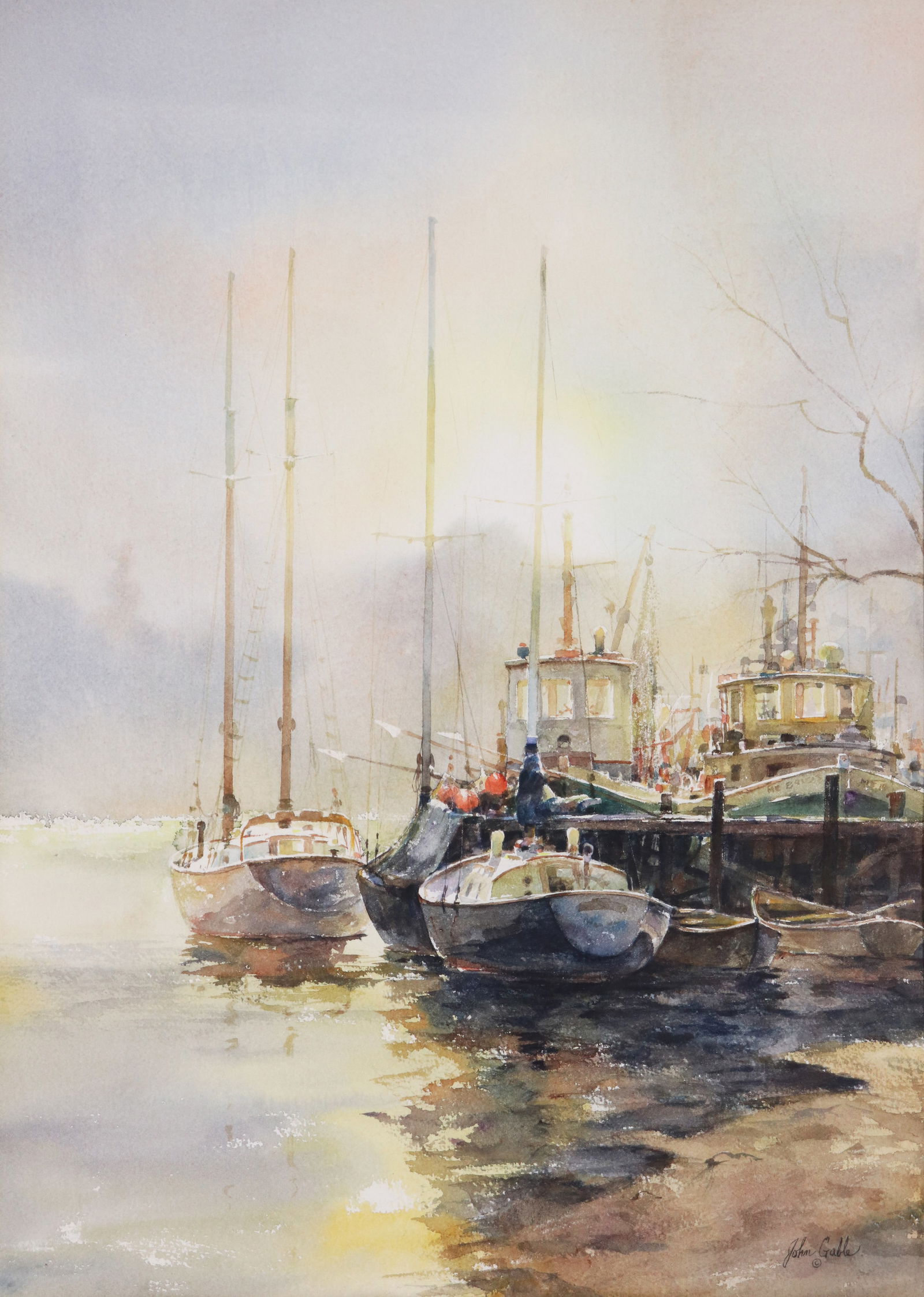 JOHN GABLE WISCASSET MAINE SUNRISE WATERCOLOR: John Gable (b. 1944) Watercolor painting of a harbor scene in Maine. Signed lower right. Titled on verso with label "Sunrise Near Wiscasset". Measures 20.25" x 14.25" (sight) and 32.25" x 26.25" with