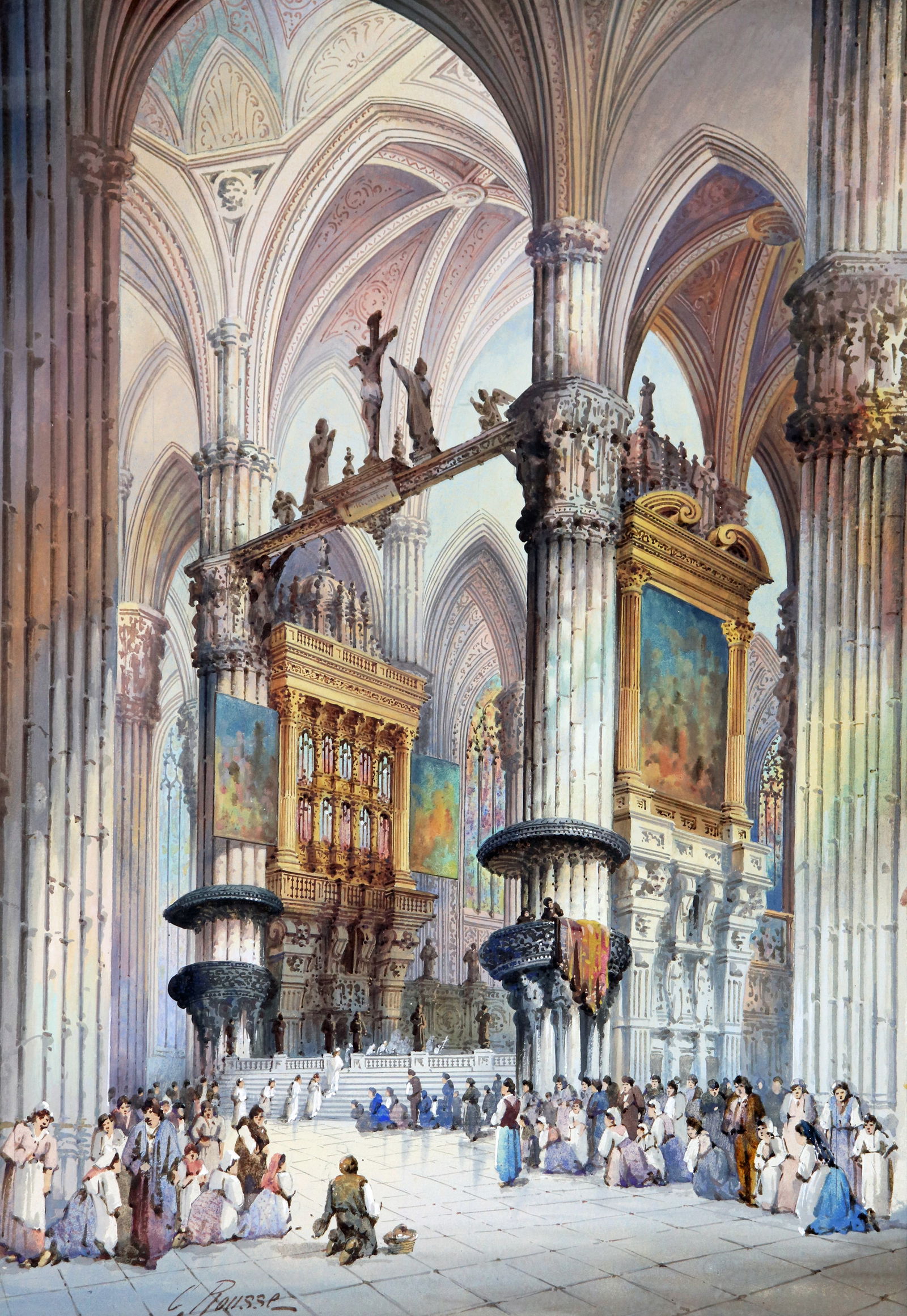 C. ROUSSE CATHEDRAL INTERIOR WATERCOLOR PAINTING: Watercolor painting of a cathedral interior scene. Signed lower left C. Rousse. Measures 19" x 13" (sight) and 32.5" x 26.5" with frame.