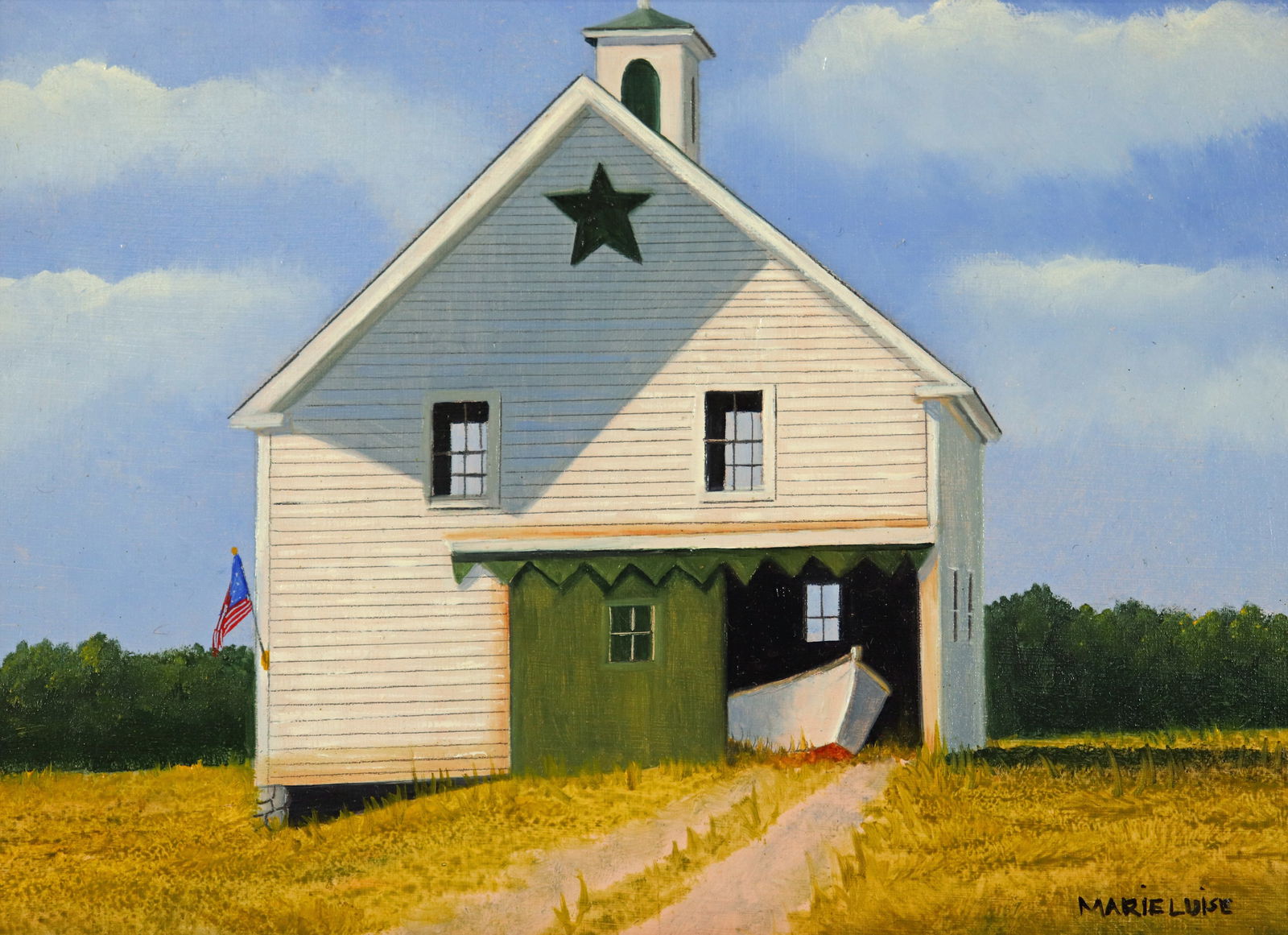 MARYLUISE HUTCHINGSON OIL PAINTING: Maryluise Hutchison (American, b. 1947) Oil on panel painting of a country boat house with a cloudy blue sky. Signed lower right Mary Luise. Measures 7.25" x 5.25" (sight) and 13.75" x 11.5" with