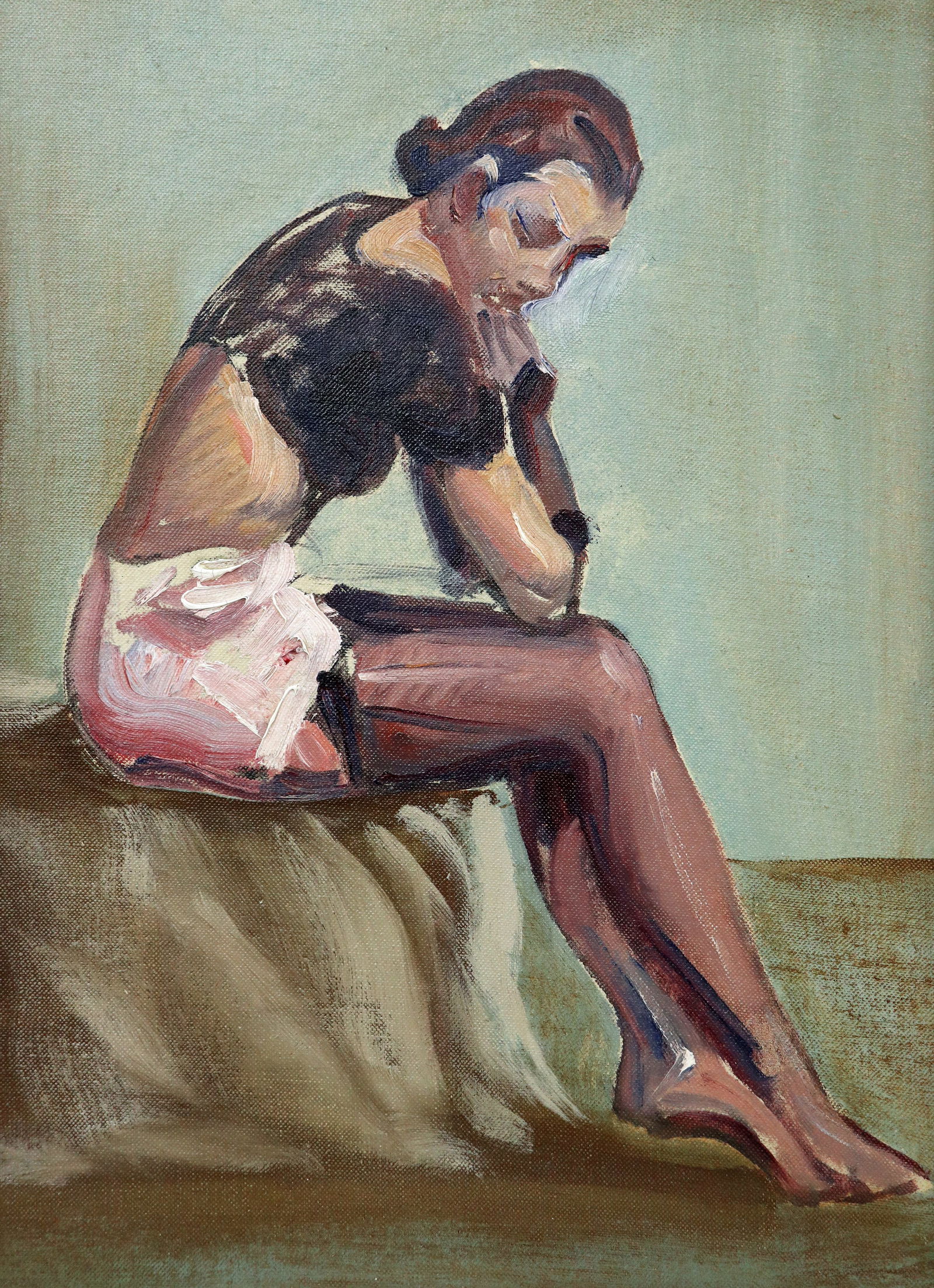 EMILE GRUPPE FIGURE STUDY PAINTING: Emile Albert Gruppe (American, 1896-1978) Oil on canvas board figure study painting. Authenticated by Emile's wife Dorothy with hand written notes on verso - Sketch done by Emile A. Gruppe in a class