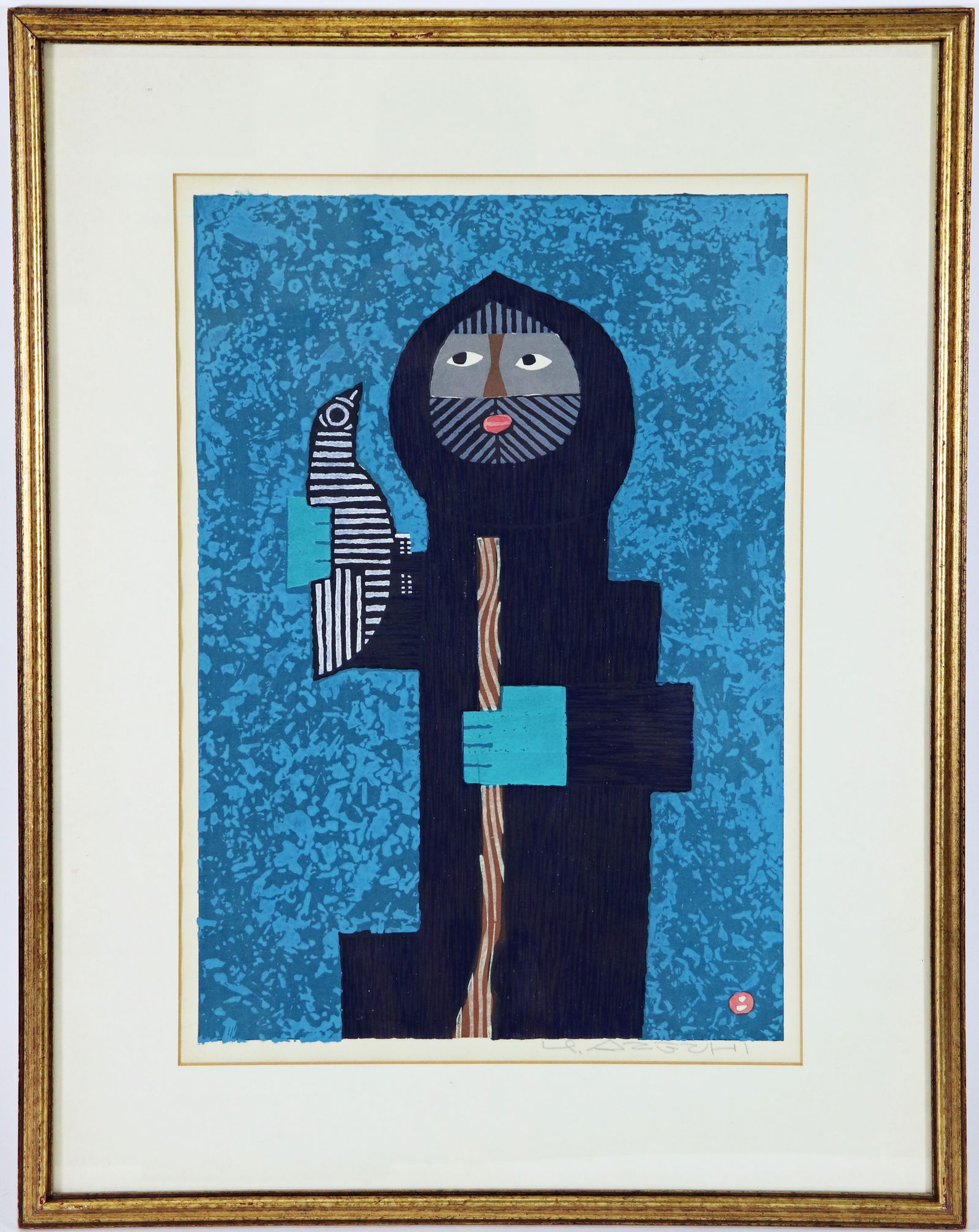 UMETARO AZECHI SIGNED JAPANESE WOODBLOCK: Umetaro Azechi (1902-1999) Woodblock print "Tasukatta Tori" or "Rescued Bird" depicts a hooded mountain man with a bird. Signed in pencil bottom right "U. Azechi", image measures 15.25" x 10.5", frame