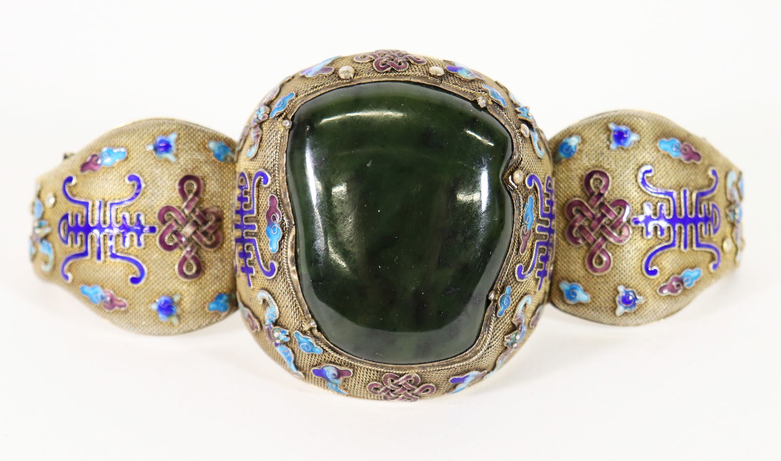 CHINESE EXPORT GILT SILVER JADE ENAMEL BRACELET (1 of 4)