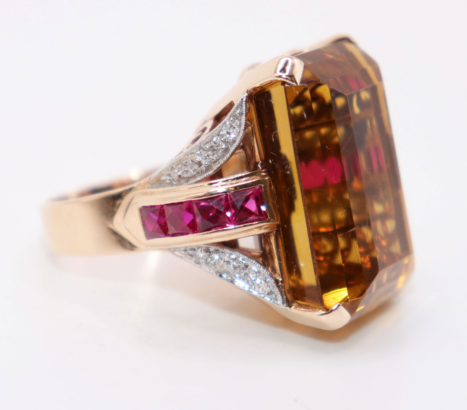 14K 34.25 CT CITRINE RUBY & DIAMOND RING - 2