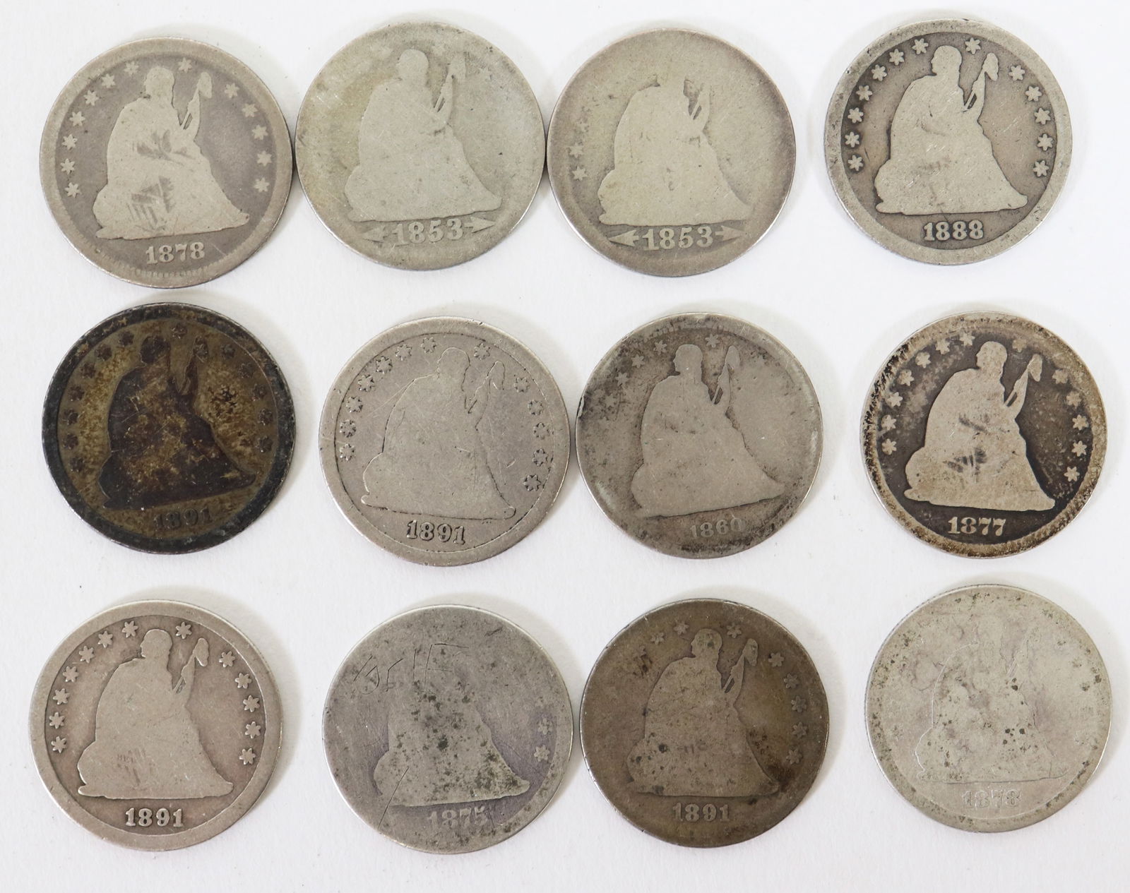 (12) 19TH CENTURY SEATED LIBERTY QUARTERS (1 of 2)