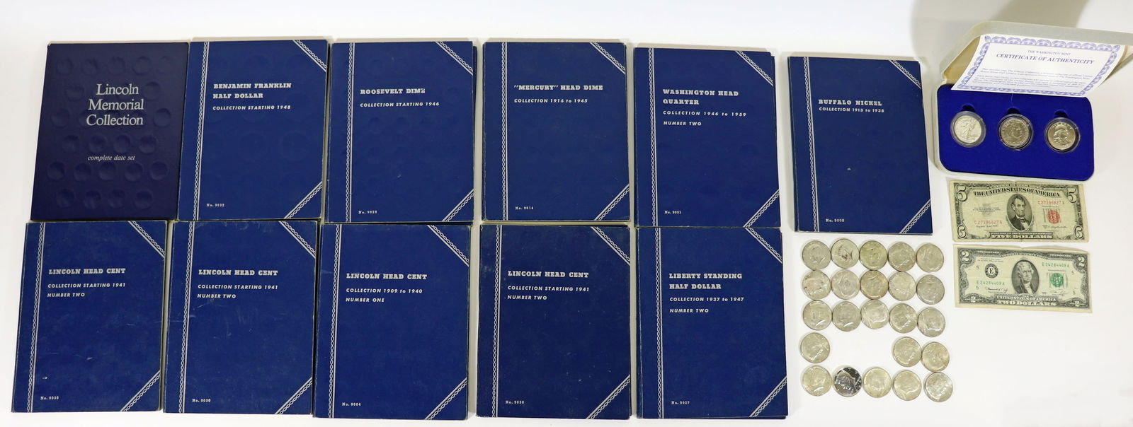 (11) COIN ALBUMS, SILVER COINS, & MORE COLLECTION: Collection of United States coins including (5) mixed date Lincoln Head penny albums, Benjamin Franklin silver half dollar album with (29) coins, Buffalo & V nickel mixed album, Roosevelt dime album w