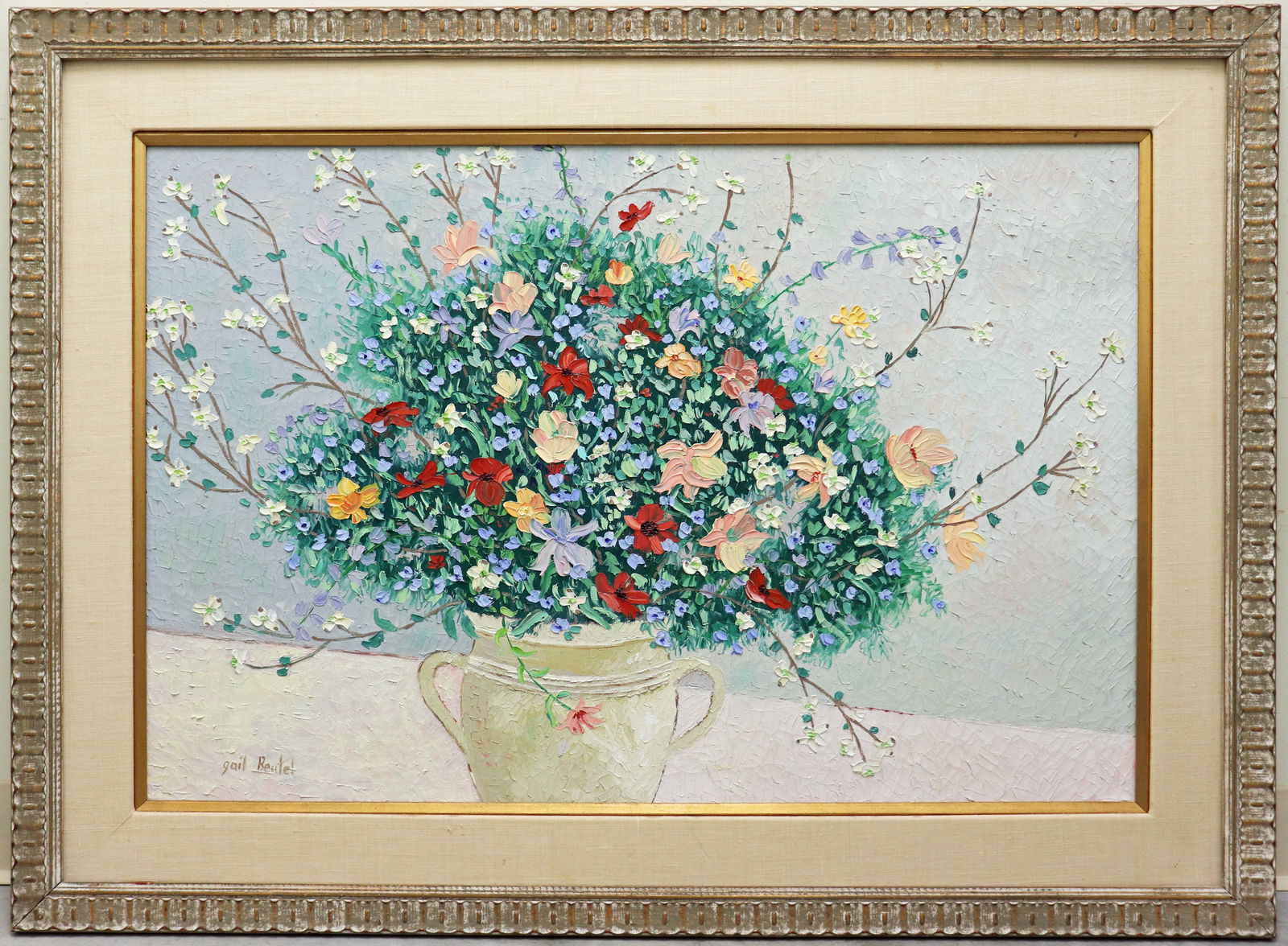 GAIL BEUTEL OIL ON CANVAS "POPPY & DOGWOOD": Gail Beutel (20th Century, America) Oil on canvas with heavy palette paint, titled "Poppy and Dogwood Arrangement, circa 1984. Signed lower right. Original receipt from Greenwich Arts Center Gallery,