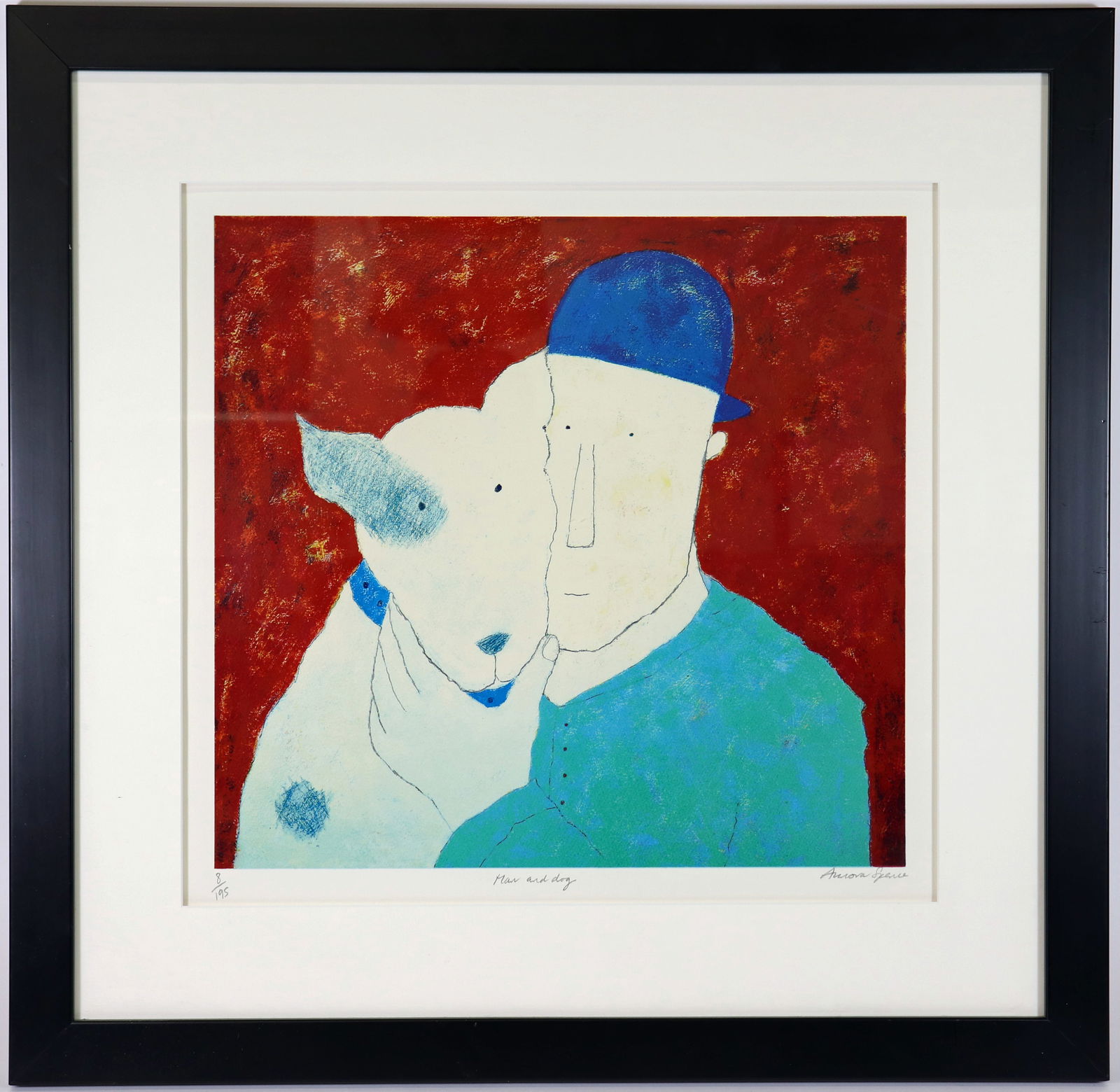 ANNORA SPENCE "MAN AND DOG" LITHOGRAPH: Annora Spence (b.1963, United Kingdom).This colored lithograph is titled "Man and Dog". Numbered 8 /195 and signed by artist in pencil lower right. Image measures 17" x 17" , framed and matted under g