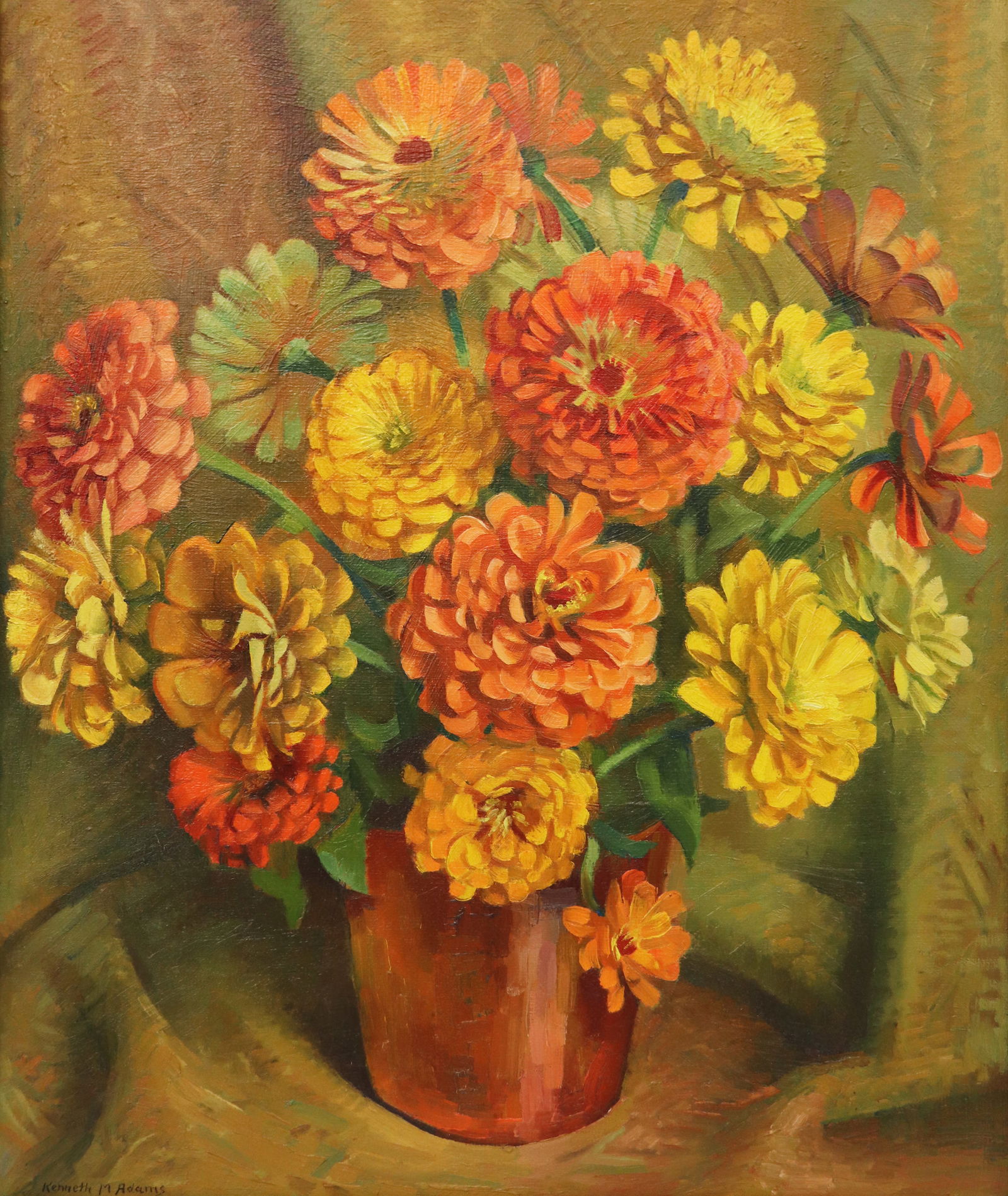 KENNETH M. ADAMS STILL LIFE FLORAL OIL PAINTING: Kenneth Miller Adams (1897-1966) Still life floral oil painting depicts a bright bouquet in orange, yellow and green hues in a gold frame. Signed by artist lower left. Nedra Matteucci Galleries Santa