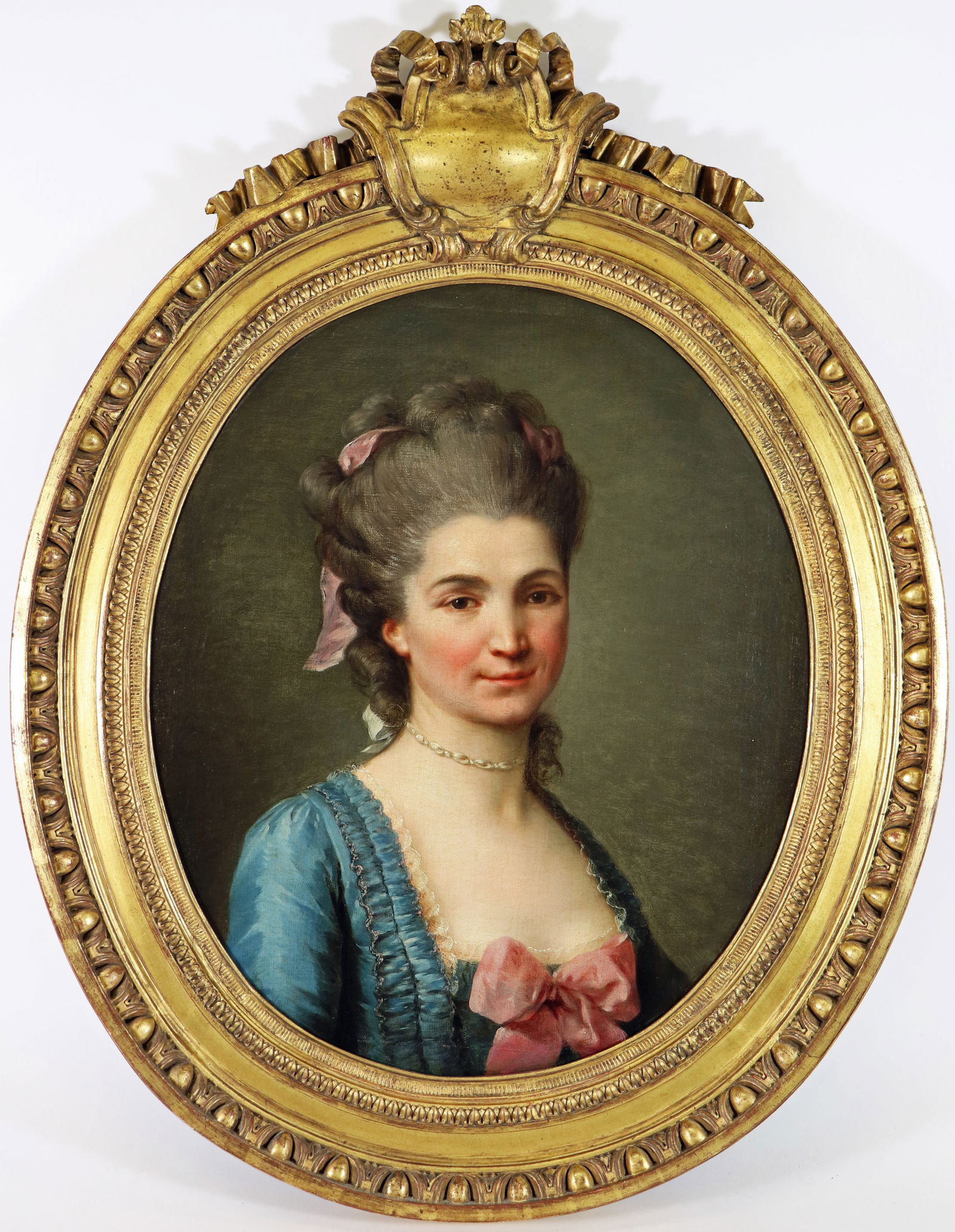 ALEXANDRE ROSLIN PORTRAIT EKATERINA ORLOVA: Alexander Roslin (1718-1793) Oil on canvas oval portrait painting of Princess Ekaterina Nikolaevna Orlova (Nee Zinovieva) (1758-1781) wife to Prince Grigory Orlov. She is wearing a blue dress with yel