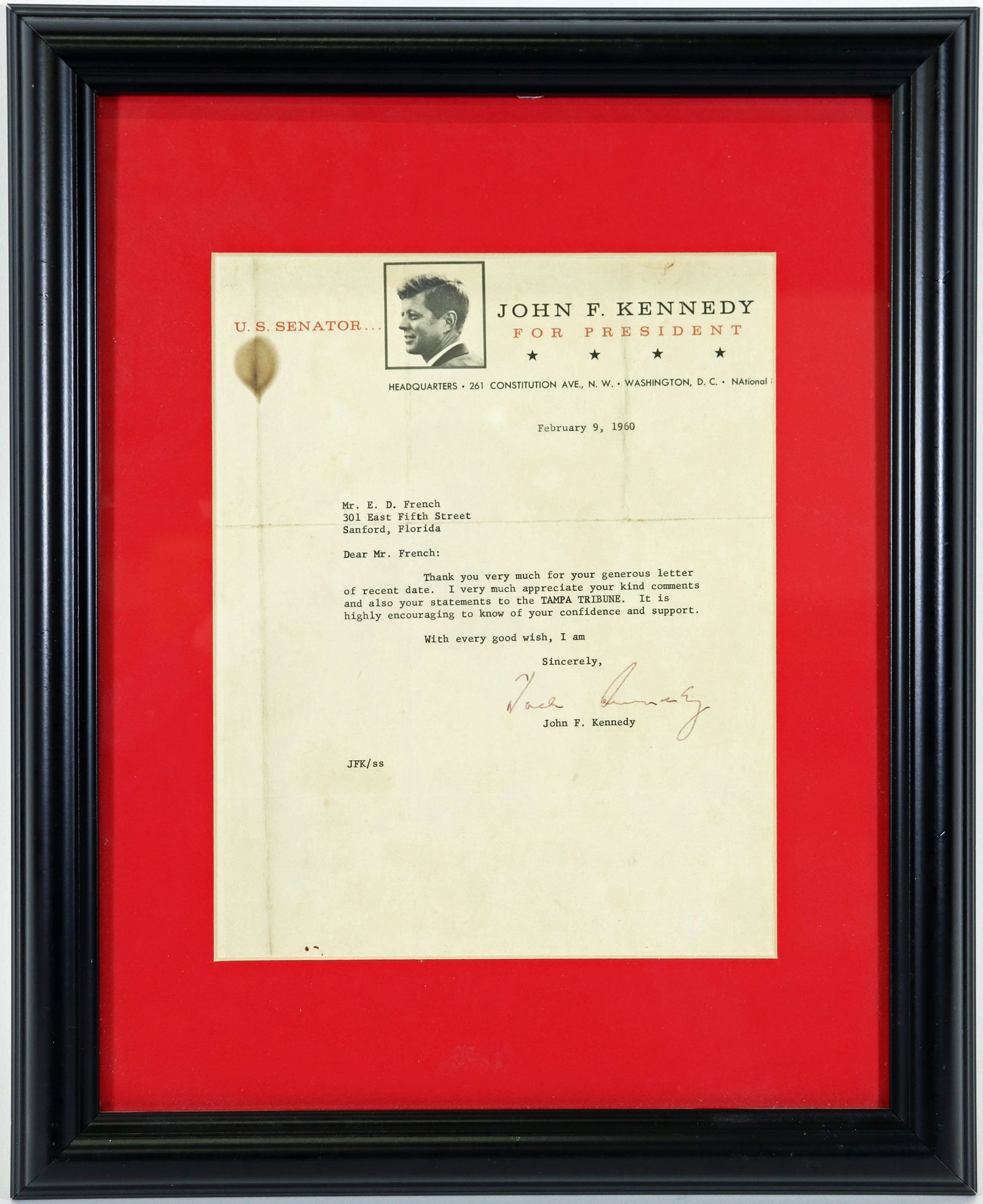 SIGNED JOHN F. KENNEDY LETTER US SENATOR 1960: A framed letter signed by U.S. Senator, and later president, John F. Kennedy. Dated February 9th, 1960. Addressed to Mr. E.D. French thanking him for his support and comments to the Tampa Tribune. Sig