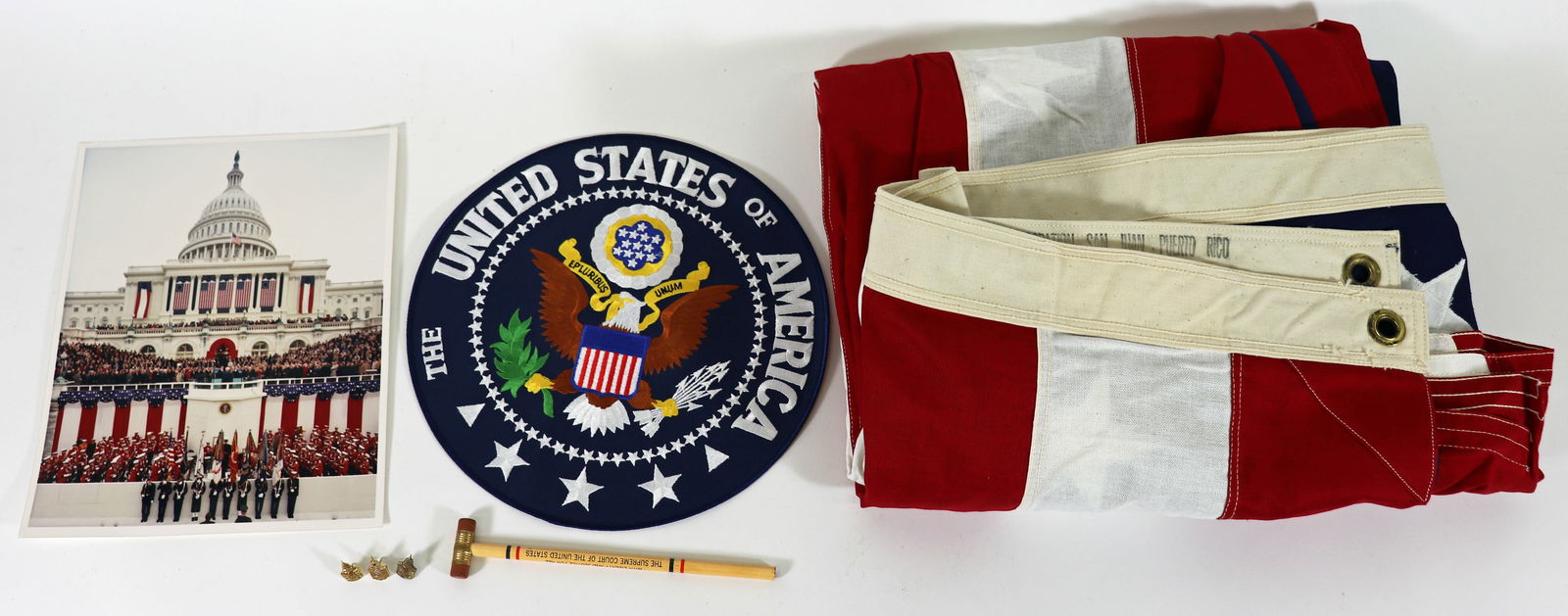 SUPREME COURT EPHEMERA, FLAG, GOLD PINS, & PHOTO: Seven items of White house/Supreme Court memorabilia including a large 48 Star American Flag, stamped Page Corporation San Juan, Puerto Rico, 5' x 9 1/2" ft Cotton, two metal grommets for handing, A c