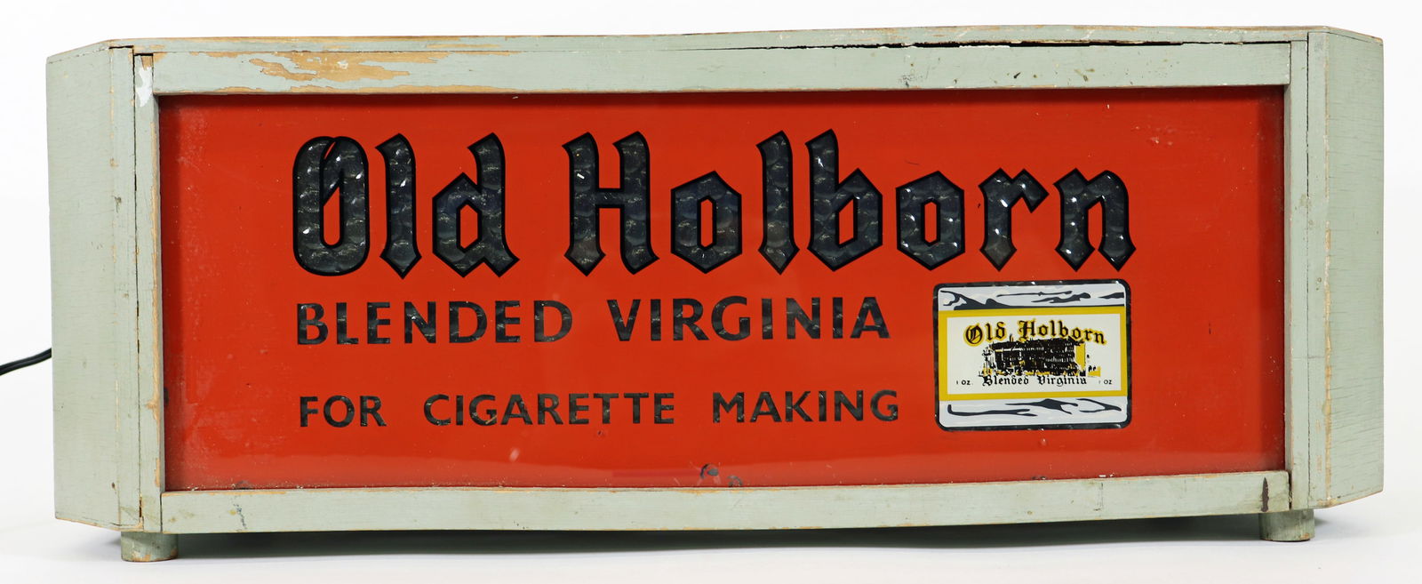 RARE OLD HOLBORN CIGARETTE ADVERTISING SIGN: A vintage Old Holborn cigarette advertising sign, in box form, the front panel lights up when plugged in. Wood frame is light gray green with the words "Old Holborn Blended Virginia for Cigarette Maki