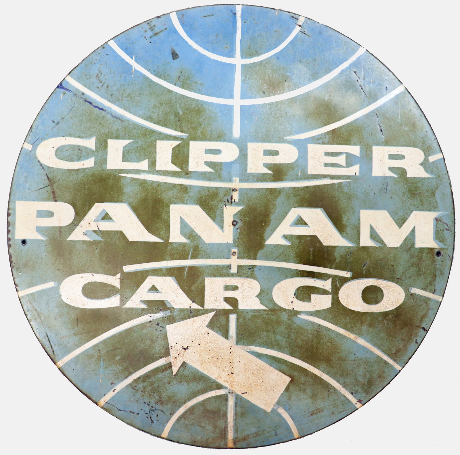 RARE PAN AM CARGO PLANE ADVERTISING SIGN: Large vintage Clipper PAN AM Cargo sign. Measures three feet round, three drill holes down center and one drill hole on left and right side for hanging. Heavy, local pick up recommended.