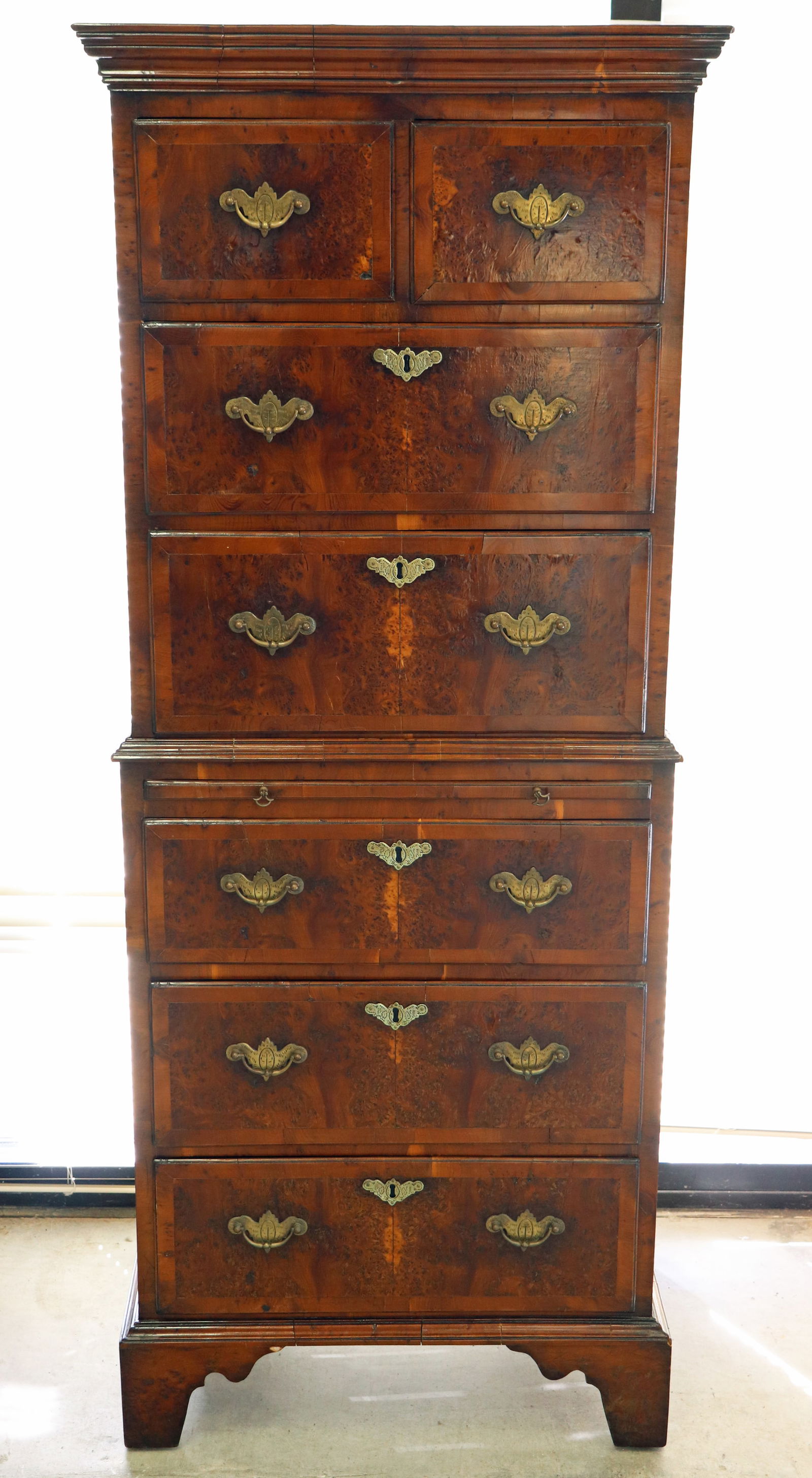 18TH/19TH CENT. TALL BURL WOOD CHEST OF DRAWERS (1 of 9)