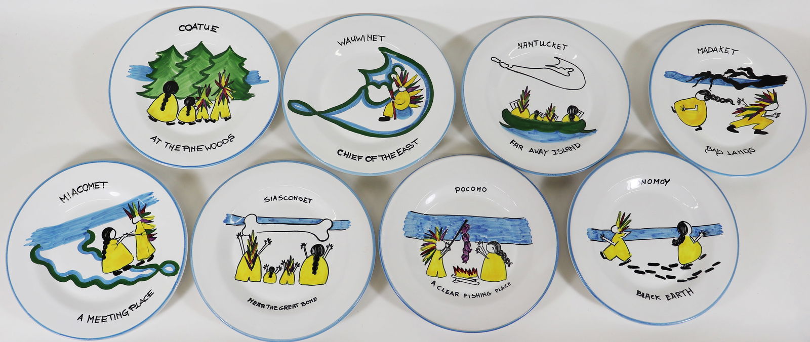 (8) DERUTA ITALY PLATES NANTUCKET & MORE: Collection of Hand Painted plates, each signed on the back, this set of 8 Deruta plates depict Native Indians and include: Coatue "At the Pine Woods", Miacomet "A Meeting Place", Siaconset "Near the