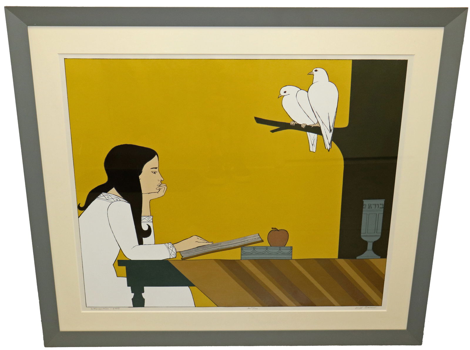 WILL BARNET "INTROSPECTION" LITHOGRAPH: Will Barnet (1911-2012) Lithograph titled "Introspection". Numbered 85/144, pencil signed lower right. Depicts a girl with a book, and two birds. Measures 40" x 45 1/2" x 2" with frame.