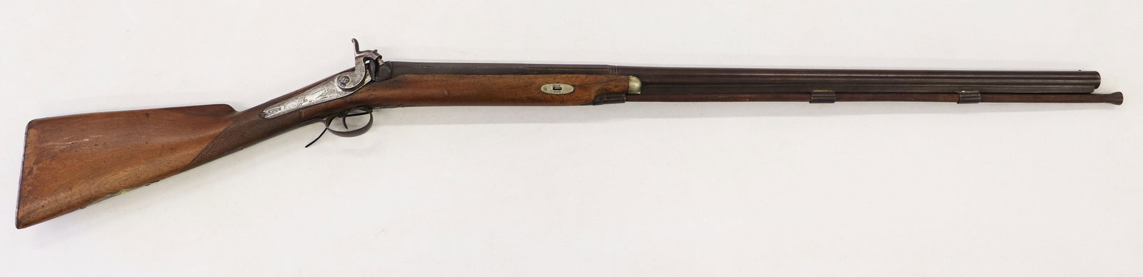 19TH CENT. GOULCHER PERCUSSION LONG RIFLE: A Civil War era Kentucky percussion single fowler backlock half stock George Goulcher (marked G. Goulcher) walnut, cap box in toe. No patch box. Half round, half octagon barrel. William Read Boston