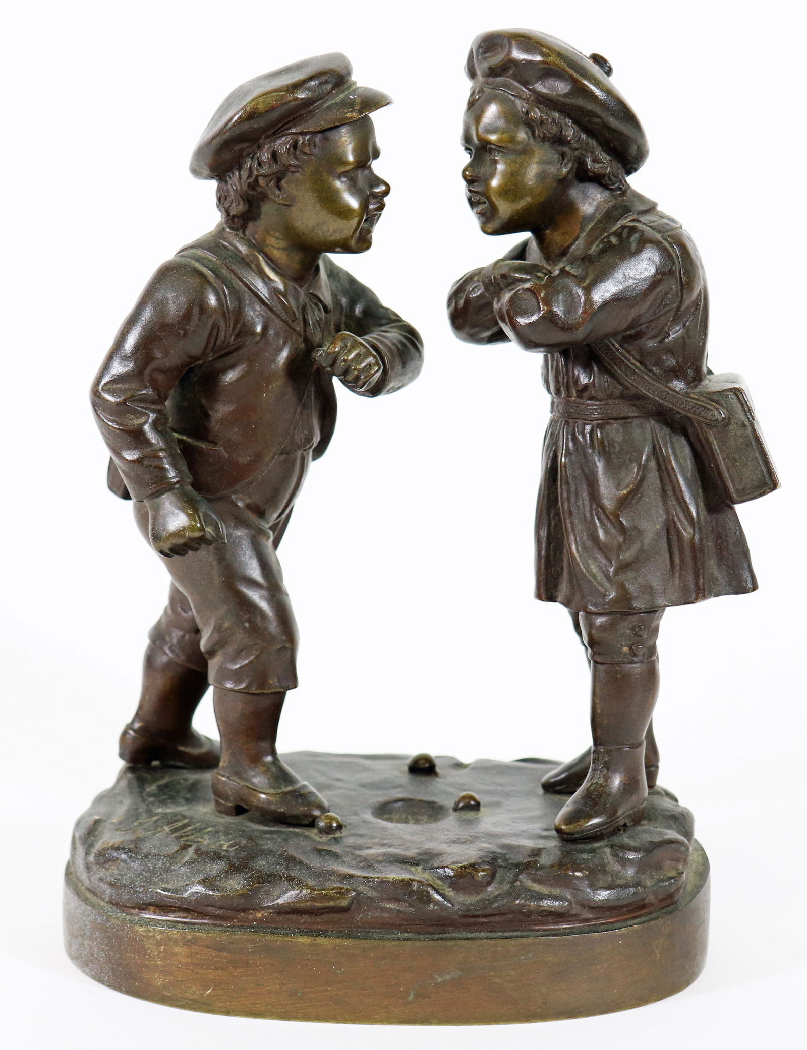 TWO BOYS RIVALROUS POSE BRONZE: Antique bronze statue of two young boys facing off, signed on base T. or J. Alba. Measures 8 3/4" x 6 1/4" x 4 1/4".