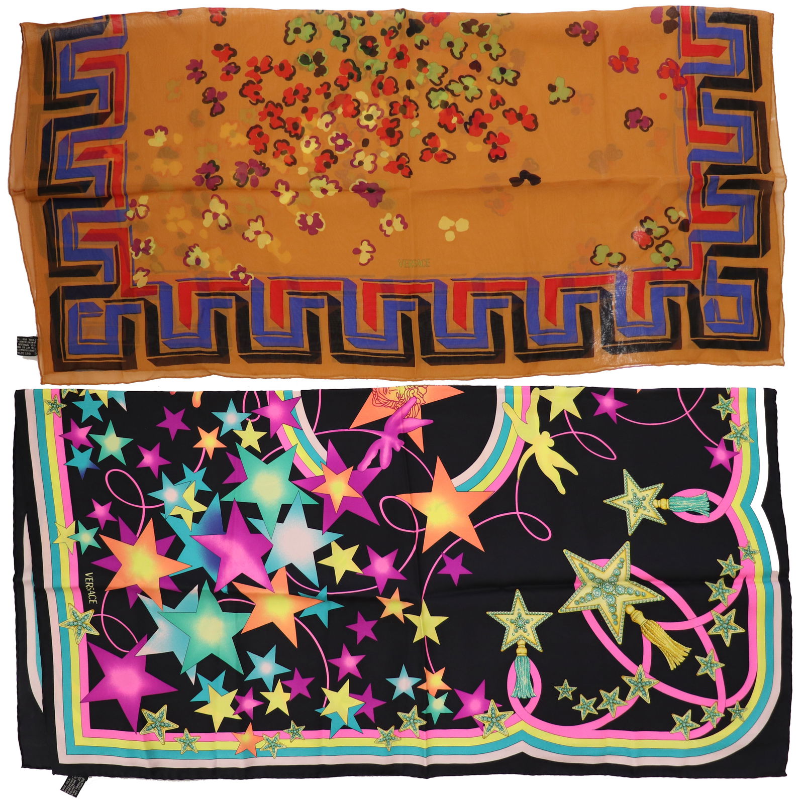 (2) VERSACE SILK SCARVES: Includes a vibrantly colored Versace silk scarf with stars 34" x 34" and a rust colored Versace silk scarf with flowers that measures 34" x 34". White areas to orange scarf is reflecting light.