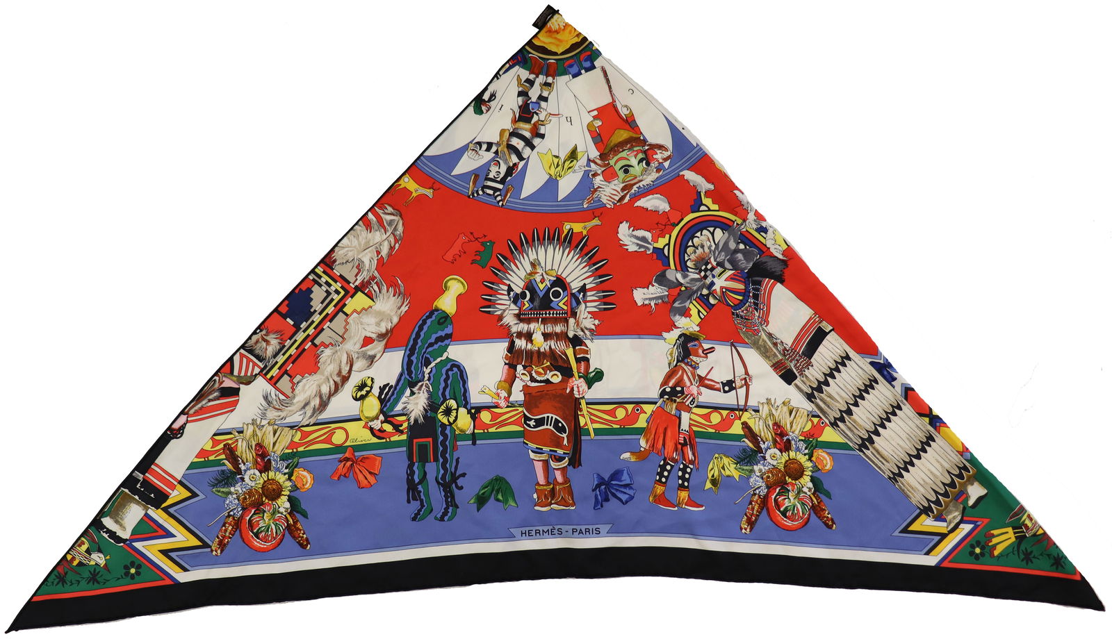 HERMES KACHINAS SILK SHAWL BY KERMIT OLIVER: A silk Hermes pointe scarf shawl designed by Kermit Oliver. Hand rolled edges. Triangle shape measuring approx 80" x 38"