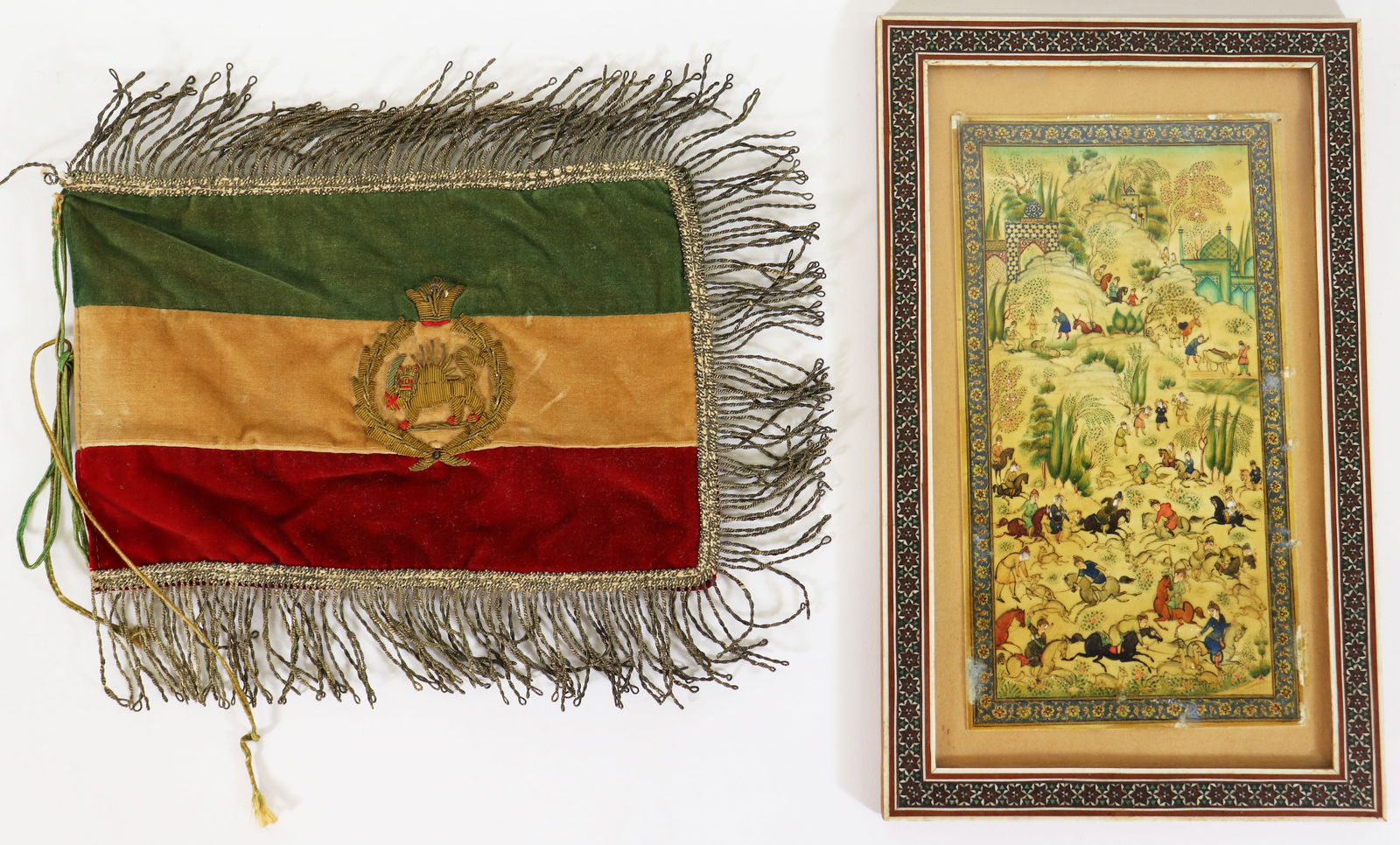 PAHLAVI DYNASTY IRANIAN FLAG & PERSIAN PAINTING: A flag of the Empire of Iran used during the Pahlavi dynasty era. It is a tricolor flag featuring a Lion and Sun symbol, which was removed after the 1979 Islamic Revolution. 10" x 11" including