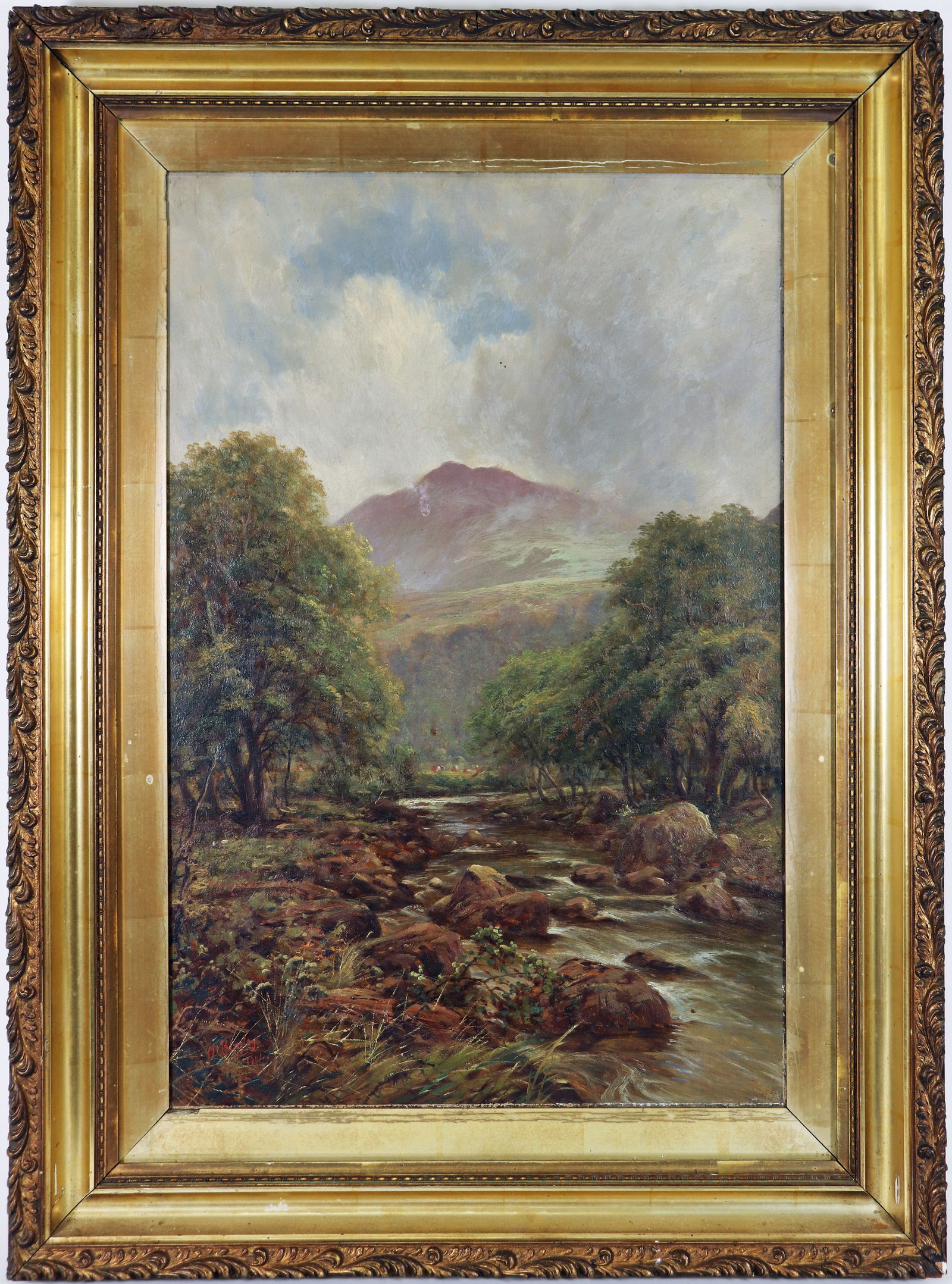 OIL PAINTING "LLEDR VALLEY" NORTH WALES c1901: An oil on canvas painting signed and dated 1901 A. Bingley of the Lledr Valley in North Wales. Stamped on verso: Winsor & Newton Toilbert Autiste Colourmal 7, Buston Road, Kings Cross, N Crouch End &