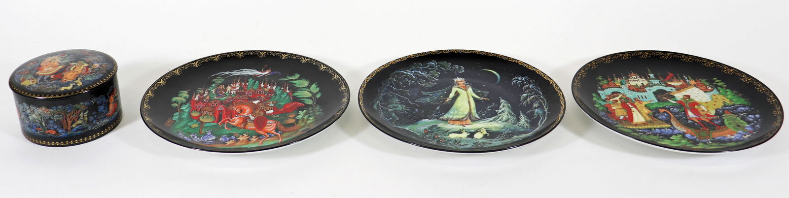 (4) RUSSIAN PORCELAIN COVERED BOX AND PLATES: Includes a Morozko box painted by Alexander Kovalev, plates. The only issue of the work of the Palekh painter Evgenii Populov an illustration for the Russian fairy tale Sadko, The only issue of the