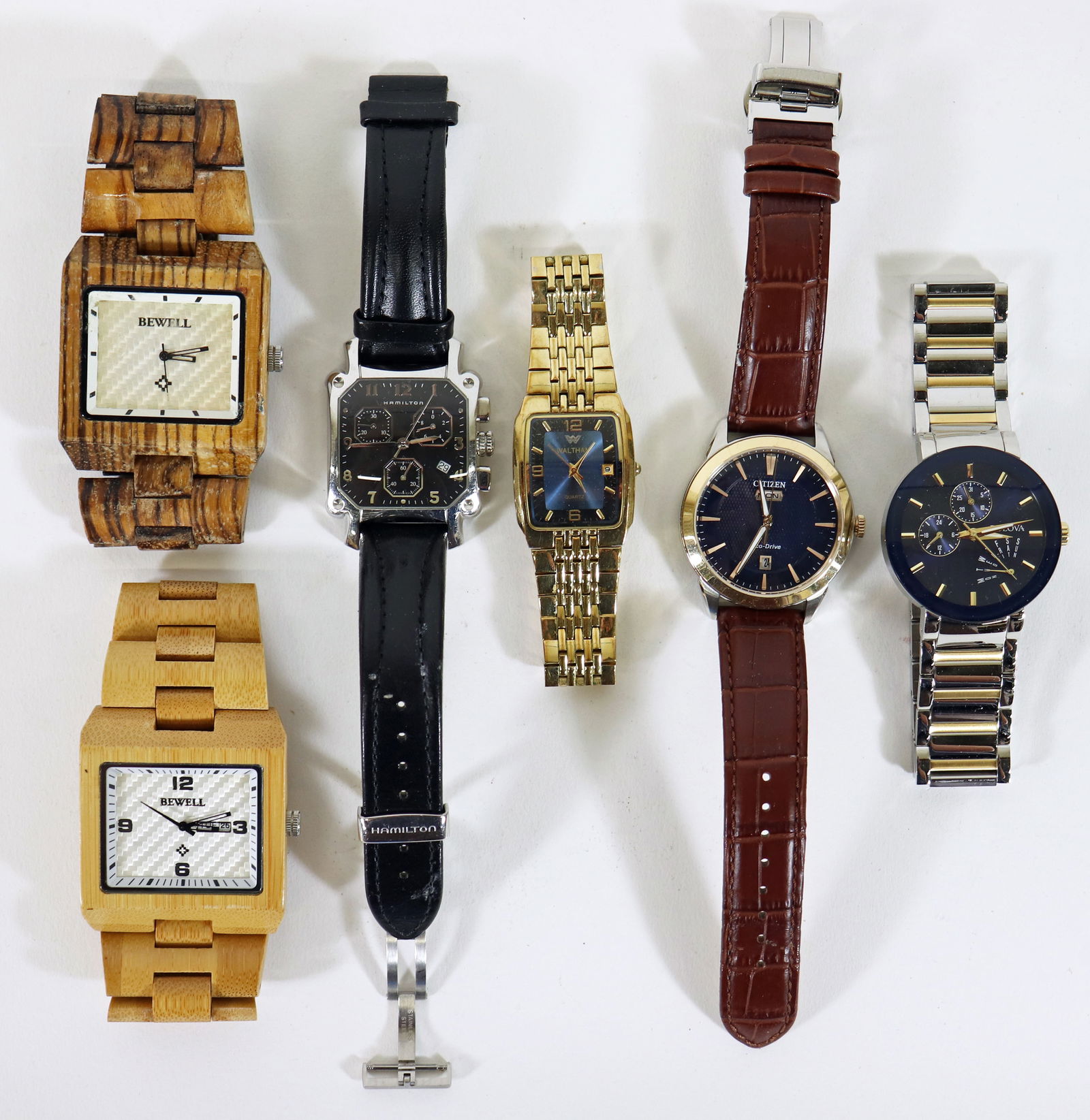 HAMILTON CITIZEN BULOVA WALTHAM BEWELL WATCHES: A Hamilton American Classic watch with a quartz movement. Marked on back 6319 Hamilton Stainless Steel Water Resistant 50m. The dial measures 30mm and has a black leather Hamilton band, (2) Bewell