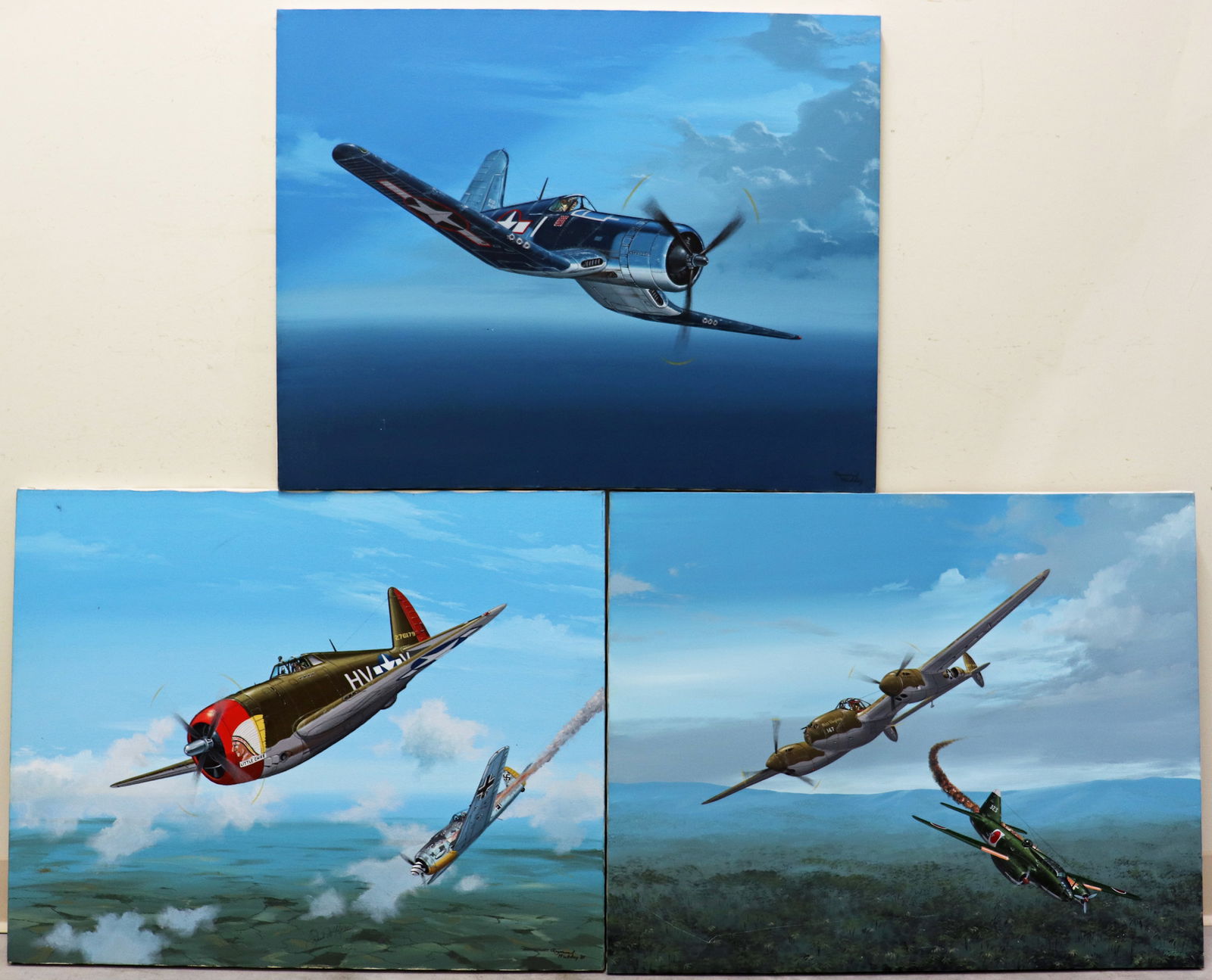 (3) RAY WADDEY "AIR FORCE FIGHTER JET" PAINTINGS: A collection of 3 aviation illustration paintings by Raymond Waddey. Includes a "Little Chief" fighter jet signed by Raymond Waddey and also signed by Frank WIlliam Klibbe. Klibbe was a US Army Armed