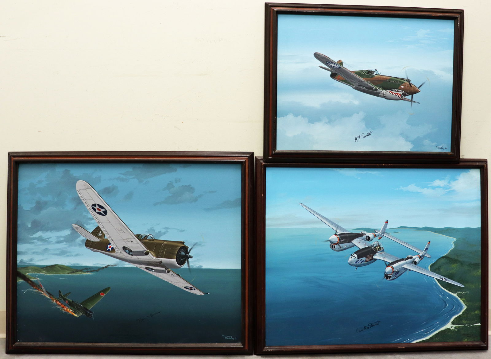 (3) RAY WADDEY "AIR FORCE FIGHTER JET" PAINTINGS: A collection of original illustration paintings by Raymond Waddey to include a painting also signed by R.T. "Tex" Smith, a flight leader A>V.G. 1940 in his P-40 Warhawk (Framed 27" x 21"), a "Put Put