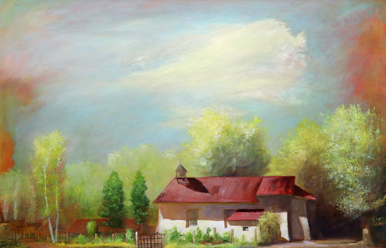 "A PRAYER" OIL PAINTING ON BOARD: Large oil on board painting depicts cottages, a red roofed house along a country road with skies of blue, green and yellow hues. Signature (illegible) and title on verso. Framed measures 35 1/2" x